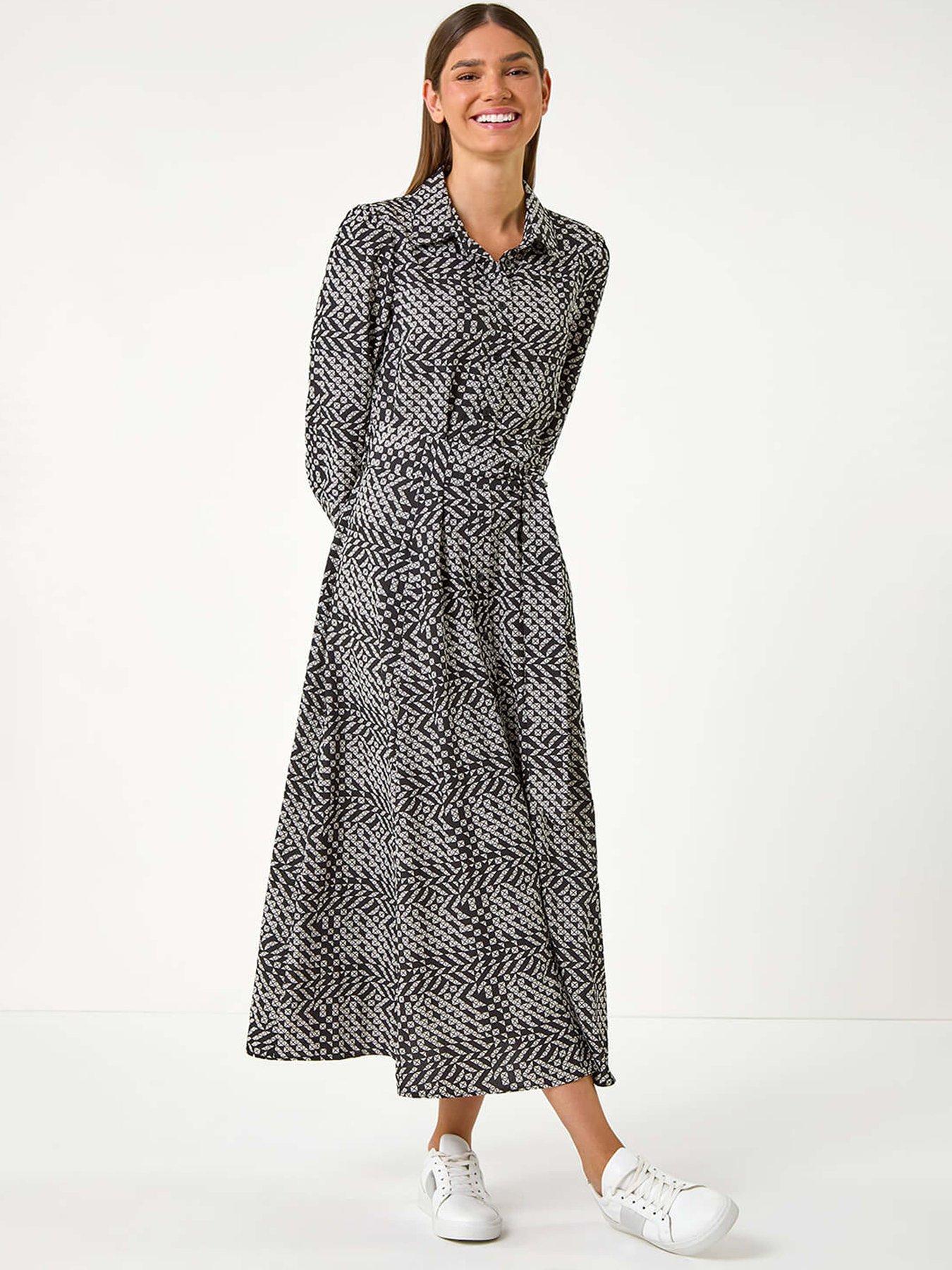 Roman Geometric Print Tie Waist Midi Shirt Dress - Black