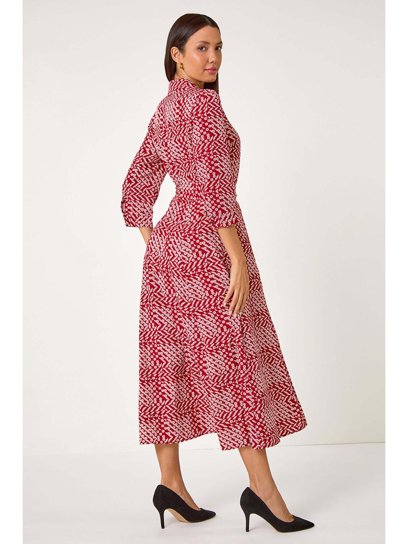 (4p. pack) Red White Geometrical V-Neck Printed Midi Dress - T-80