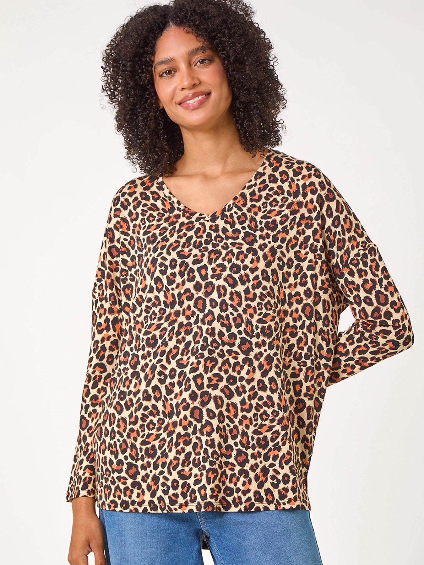 Roman Animal Print V-neck Tunic Stretch Top - Natural