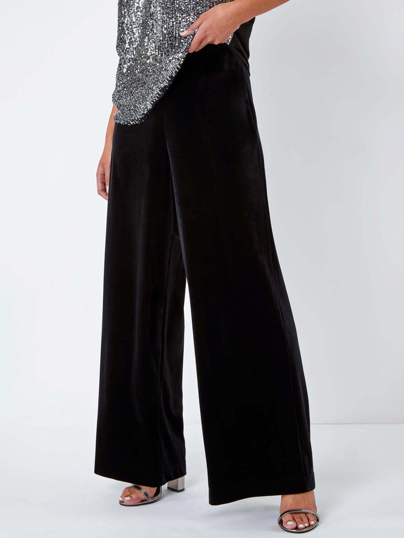 Roman Petite Wide Leg Velvet Stretch Trouser - Black