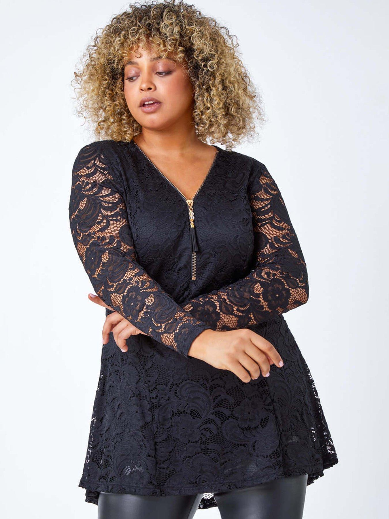 Roman Curve Zip Front Lace Stretch Top - Black