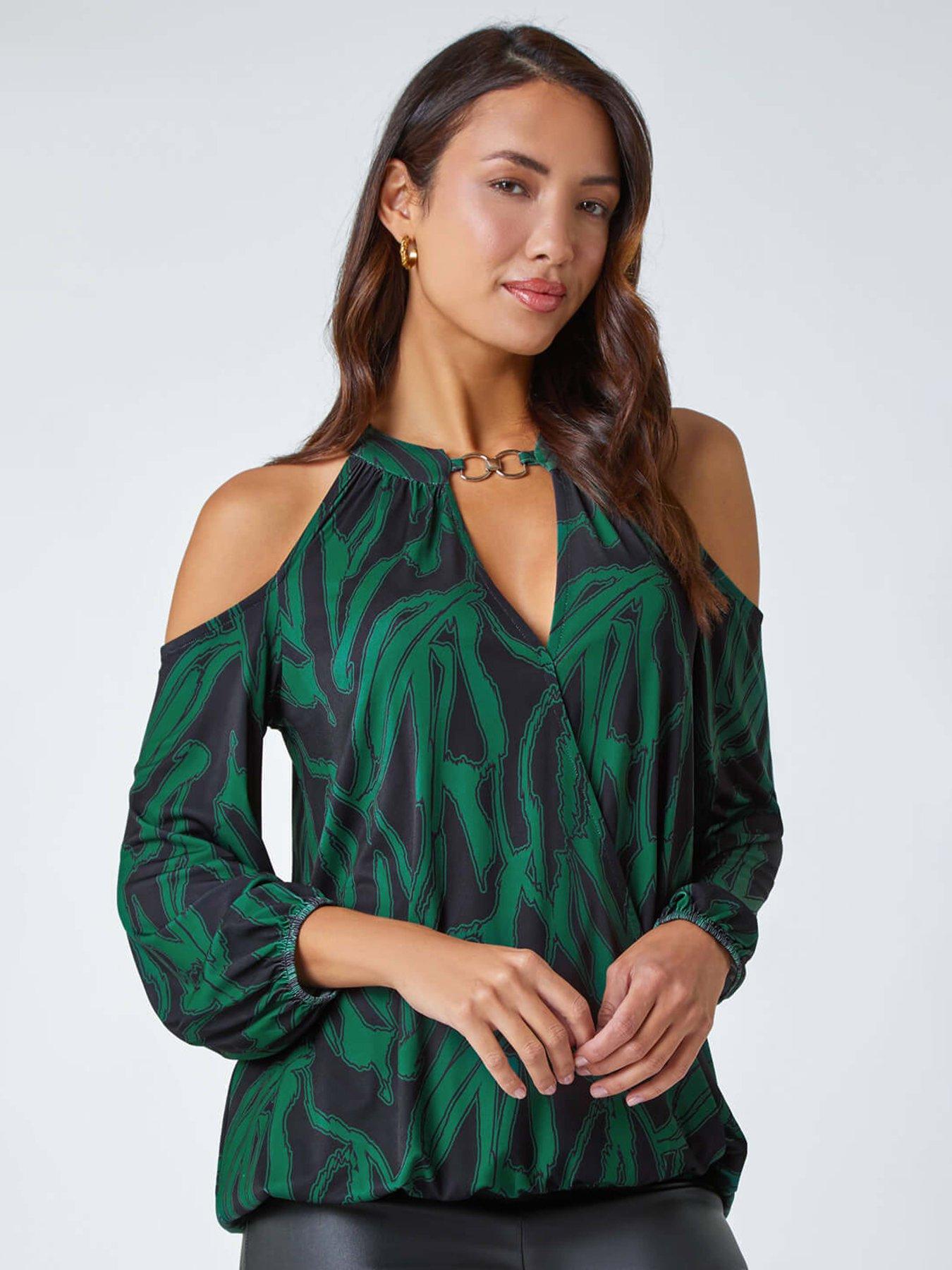 Roman Abstract Print Cold Shoulder Chiffon Top - Forest Green