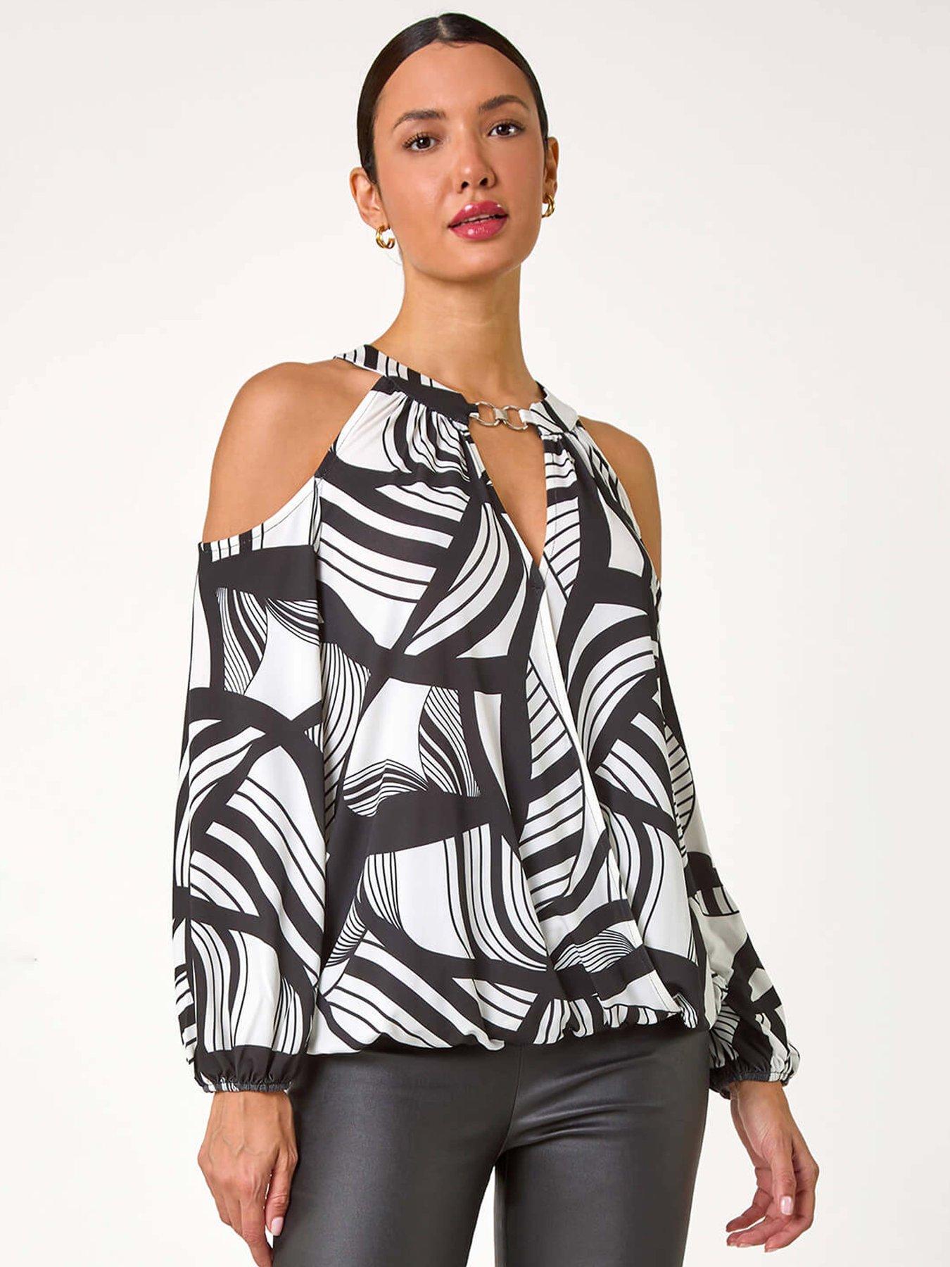 Roman Abstract Print Cold Shoulder Stretch Top - Ivory