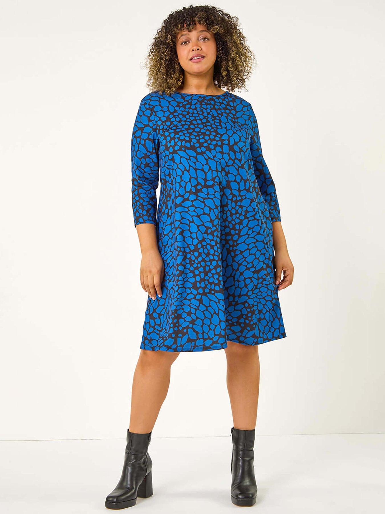 Image 3 of 5 of Roman Curve Abstract Print Stretch Swing Dress - Royal Blue
