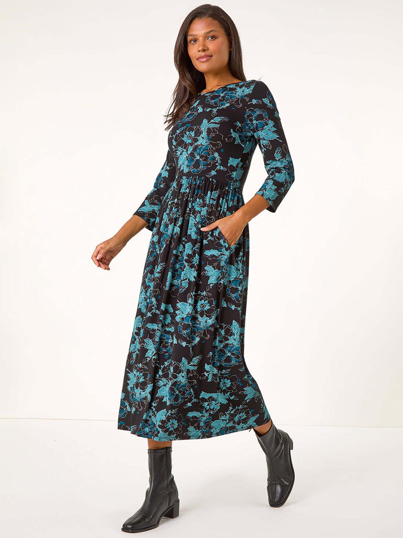 Roman Floral Print Gathered Stretch Midi Dress, Blue, Size 20, Women