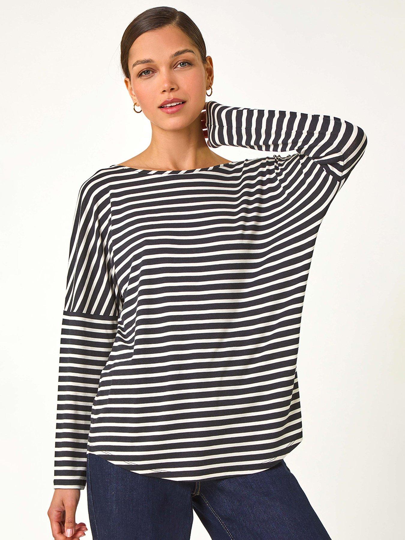 Roman Relaxed Stripe Print Long Sleeve Stretch Top - Black