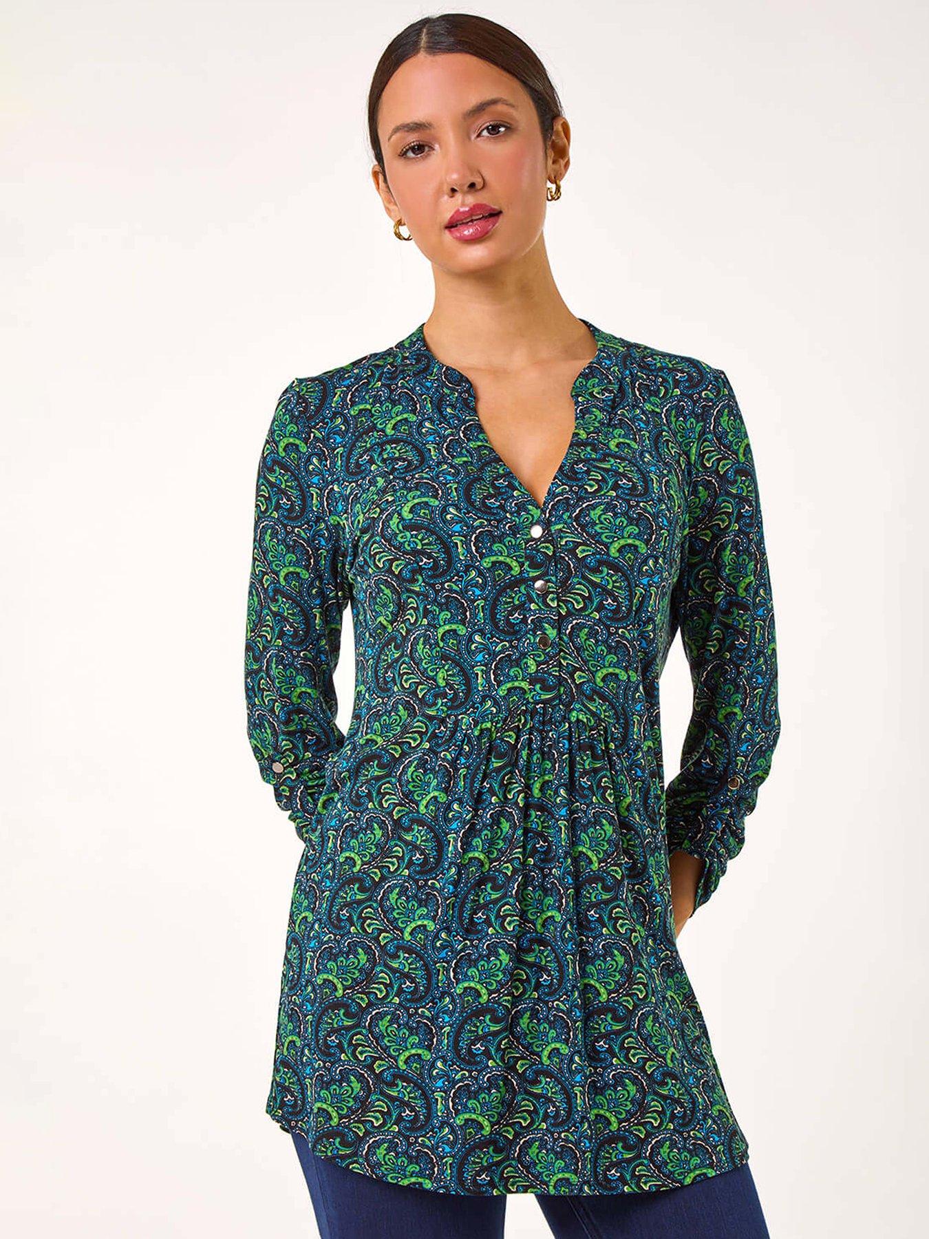 Roman Paisley Print V-neck Tunic Stretch Top - Green