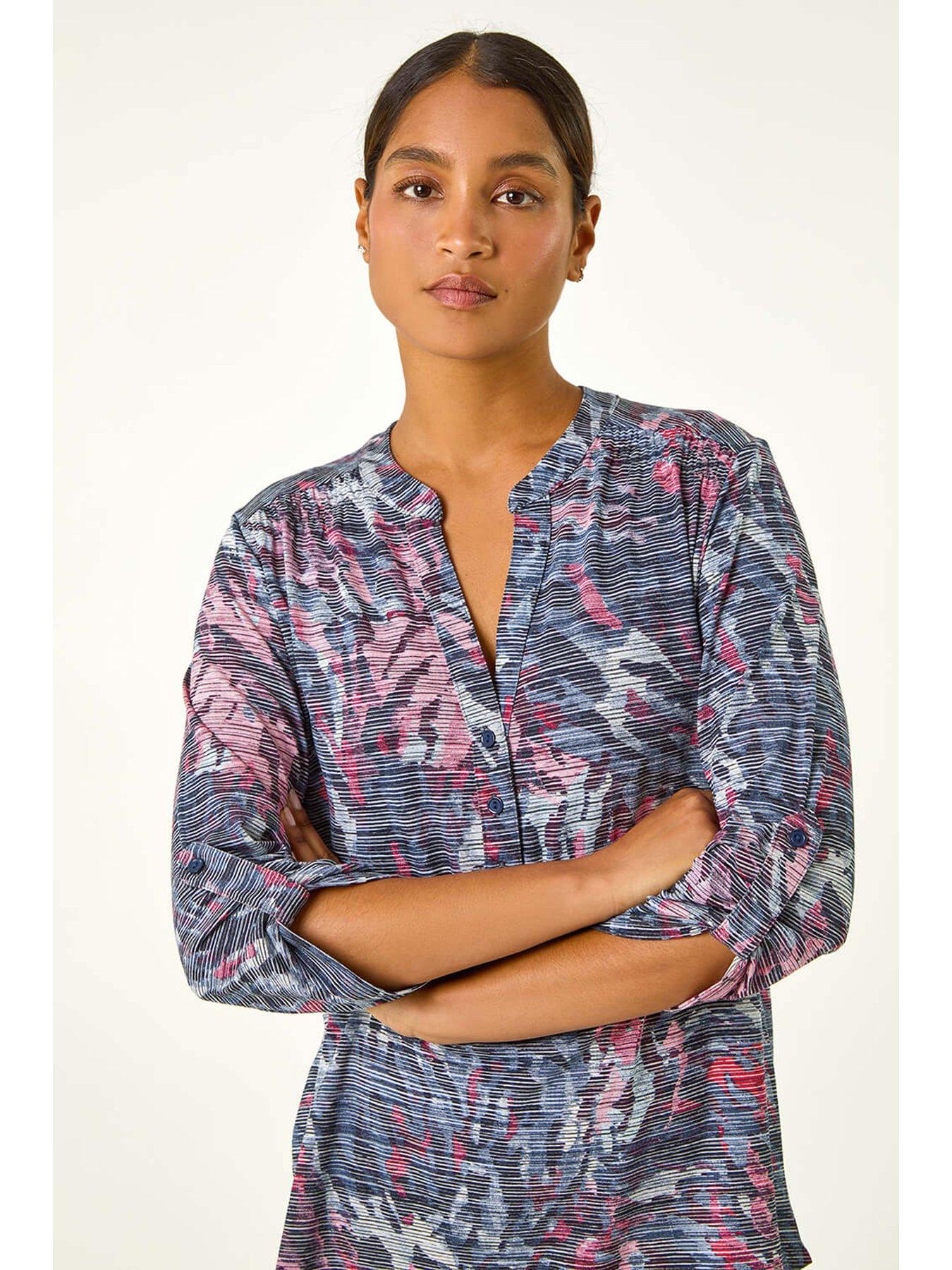 Image 4 of 5 of Roman Striped Animal Print Stretch Top - Blue
