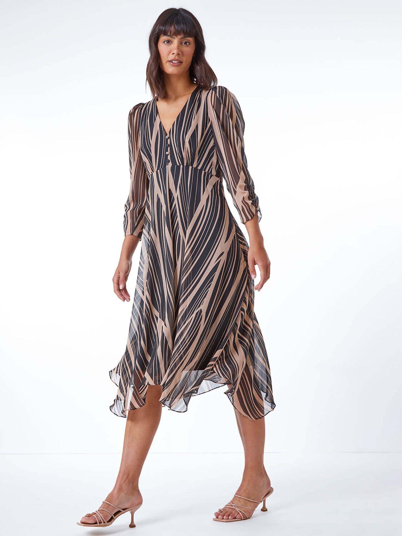 undefined Abstract Chiffon Wrap Asymmetric Midi Dress - Black