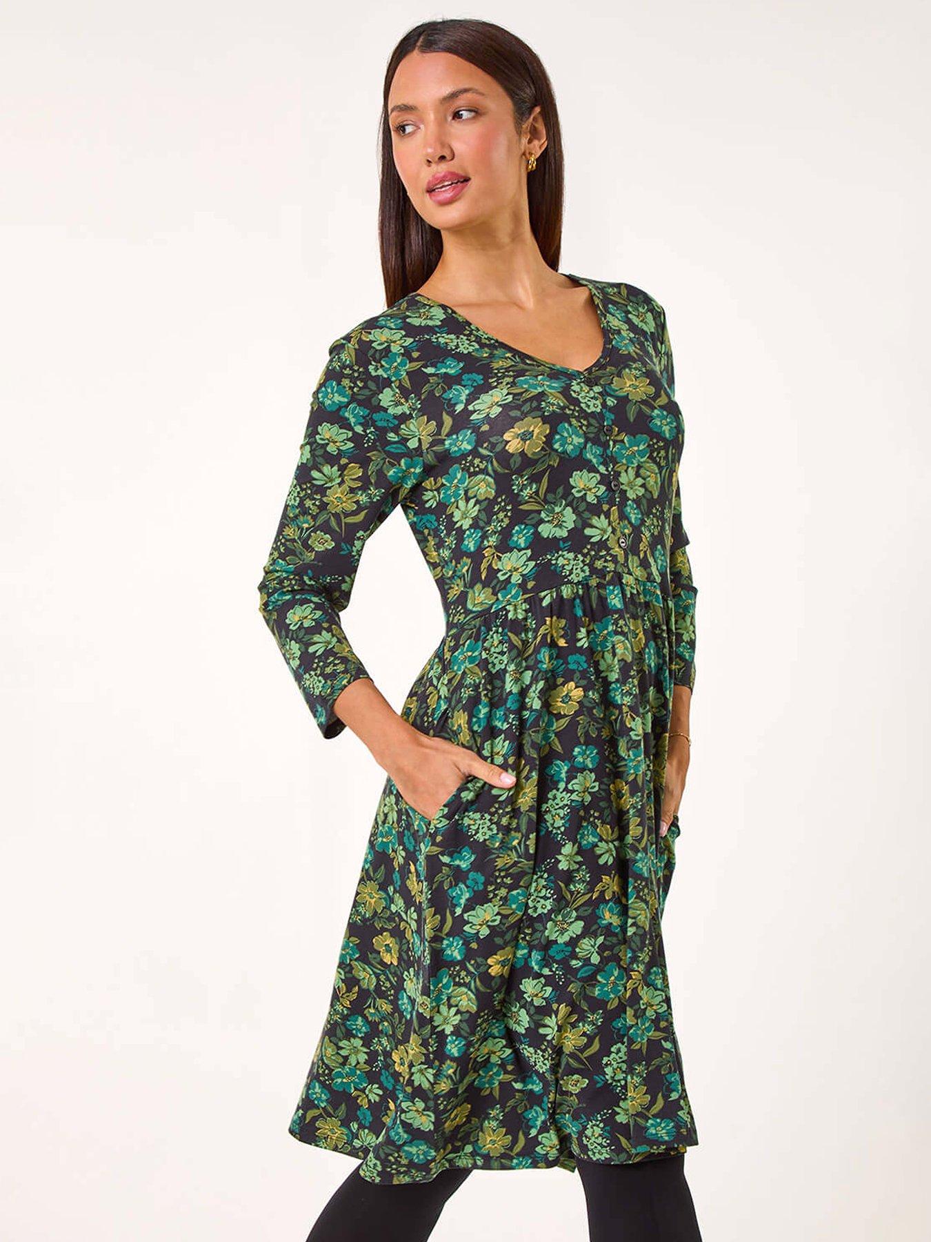 roman floral print button detail v-neck dress - green