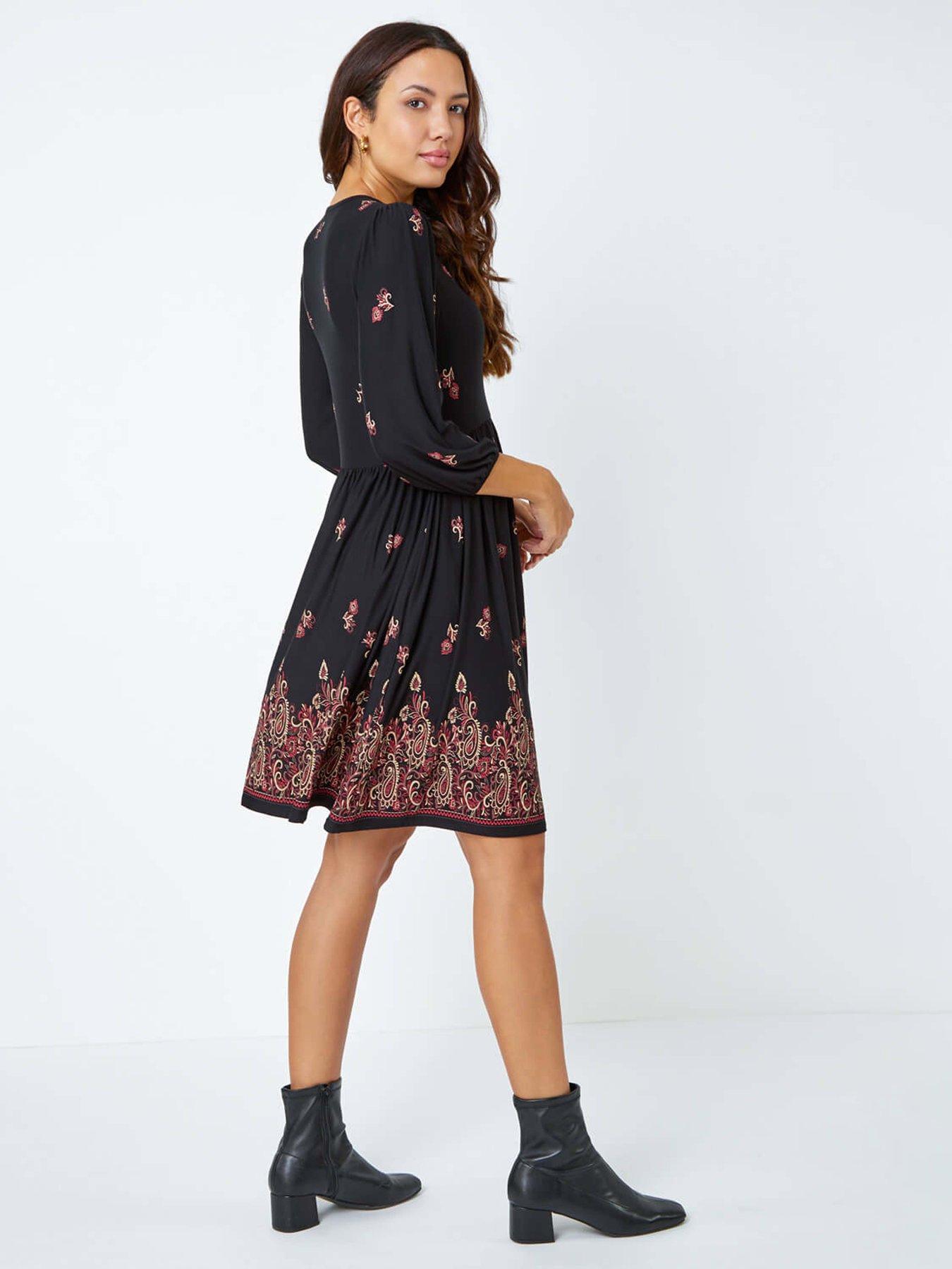Image 2 of 5 of Roman Paisley Border Print Jersey Dress  - Copper