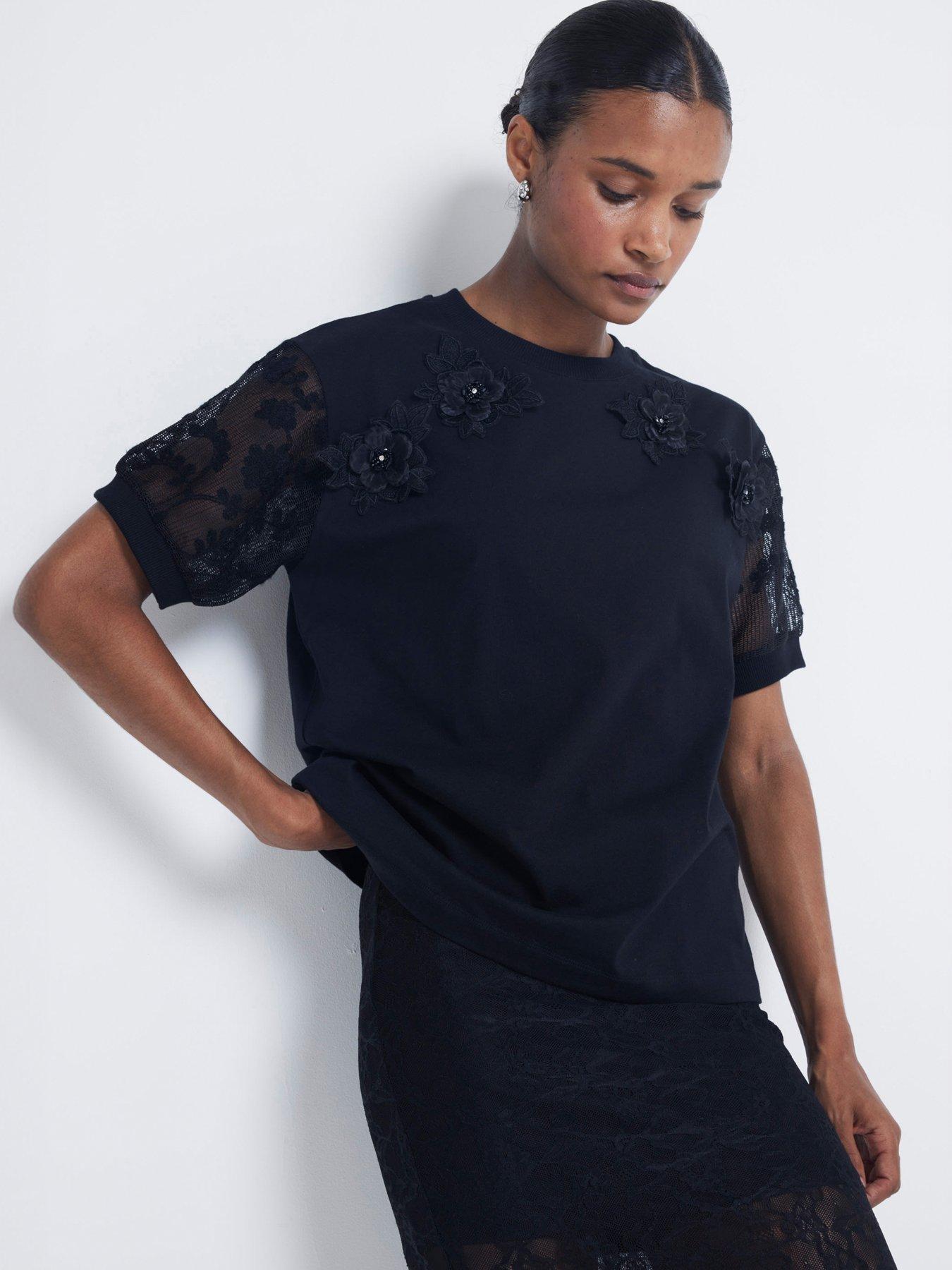 undefined Floral Lace Sleeve Top - Black