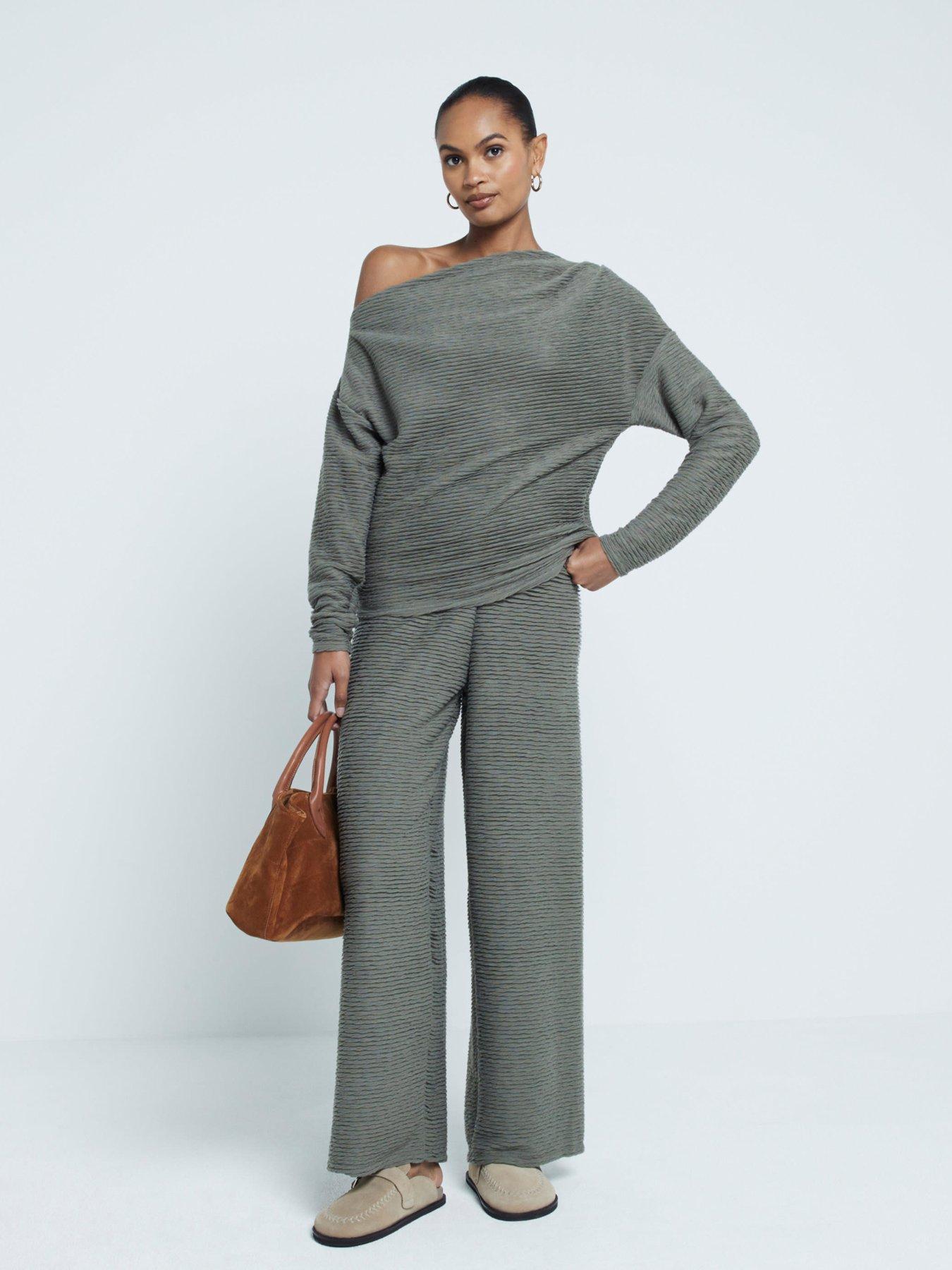 River Island Textured Wide Leg Trouser - Khaki