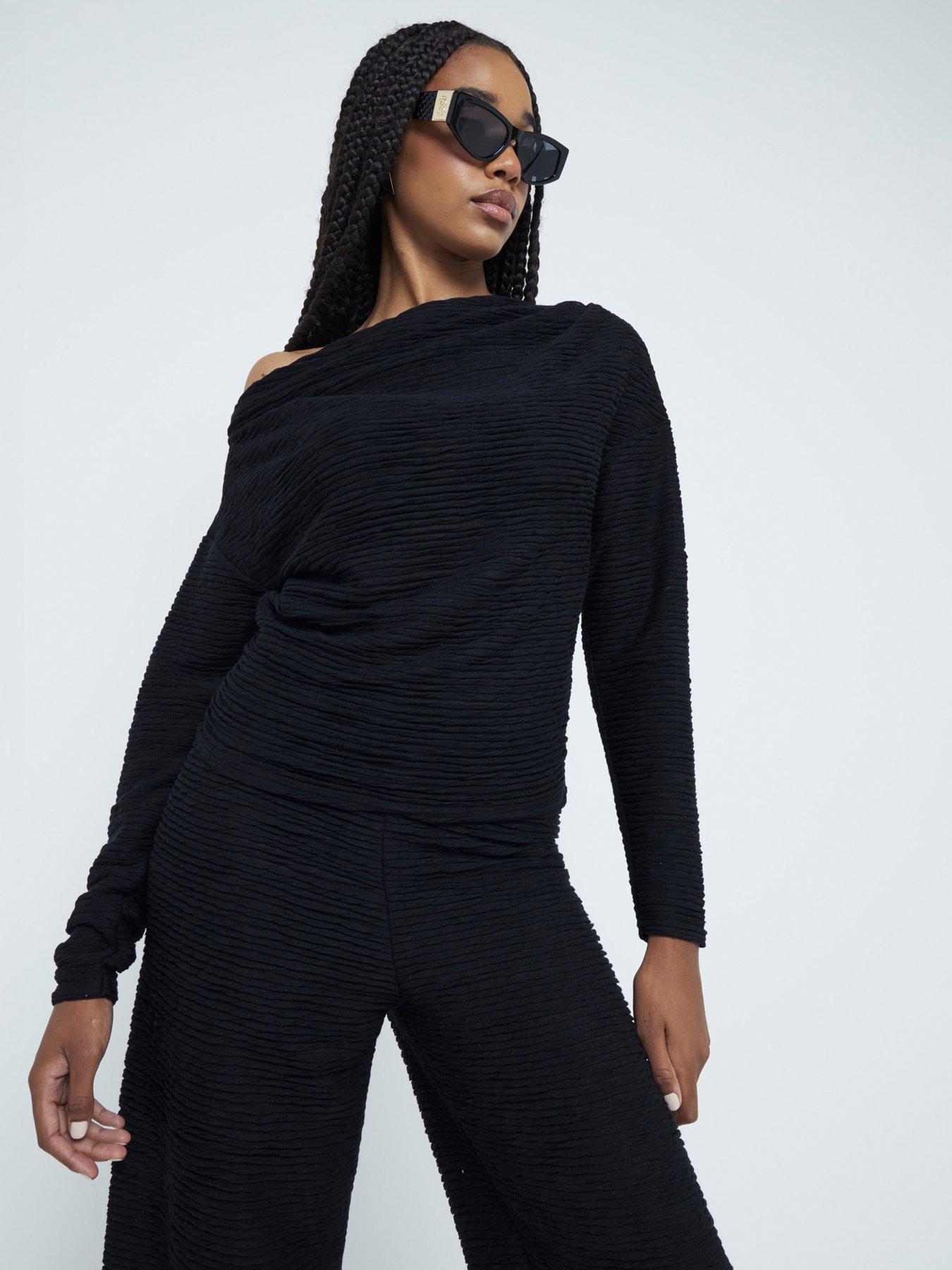 undefined Textured Drape Top - Black