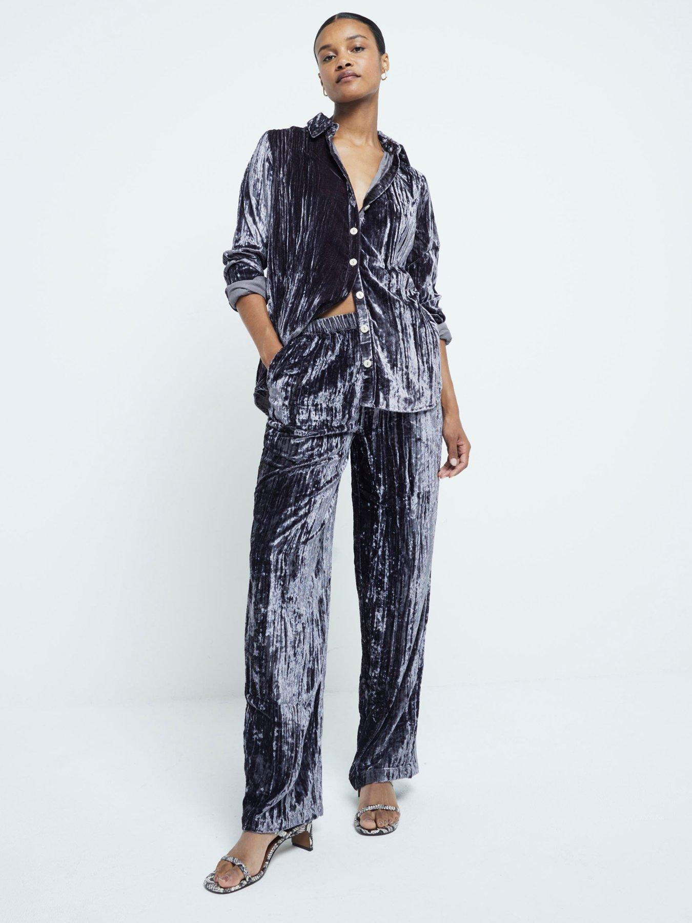undefined Velvet Wide Leg Trouser - Grey