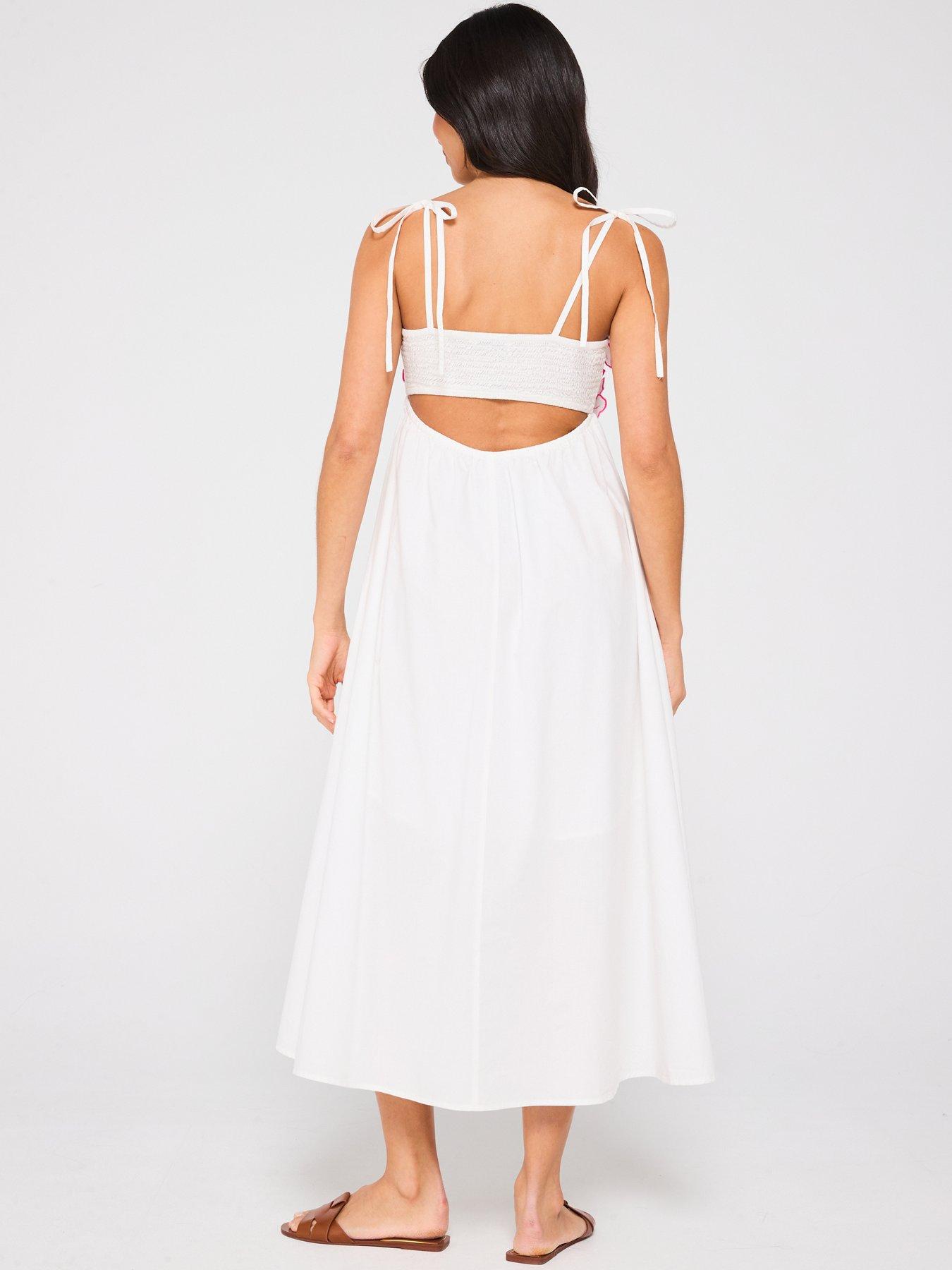 Image 2 of 5 of V by Very Floral Applique Strappy Midi Beach Dress - White