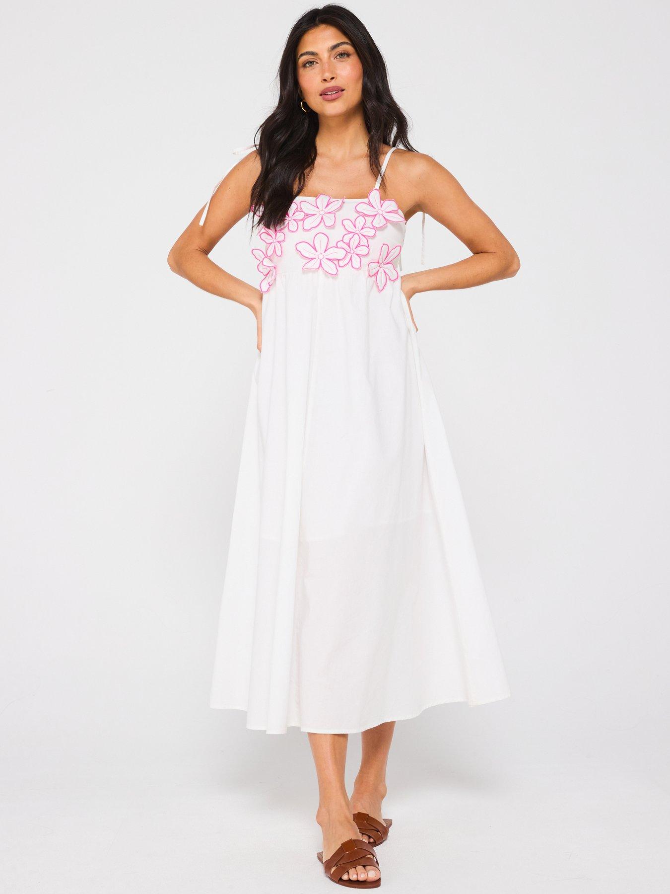 Image 3 of 5 of V by Very Floral Applique Strappy Midi Beach Dress - White