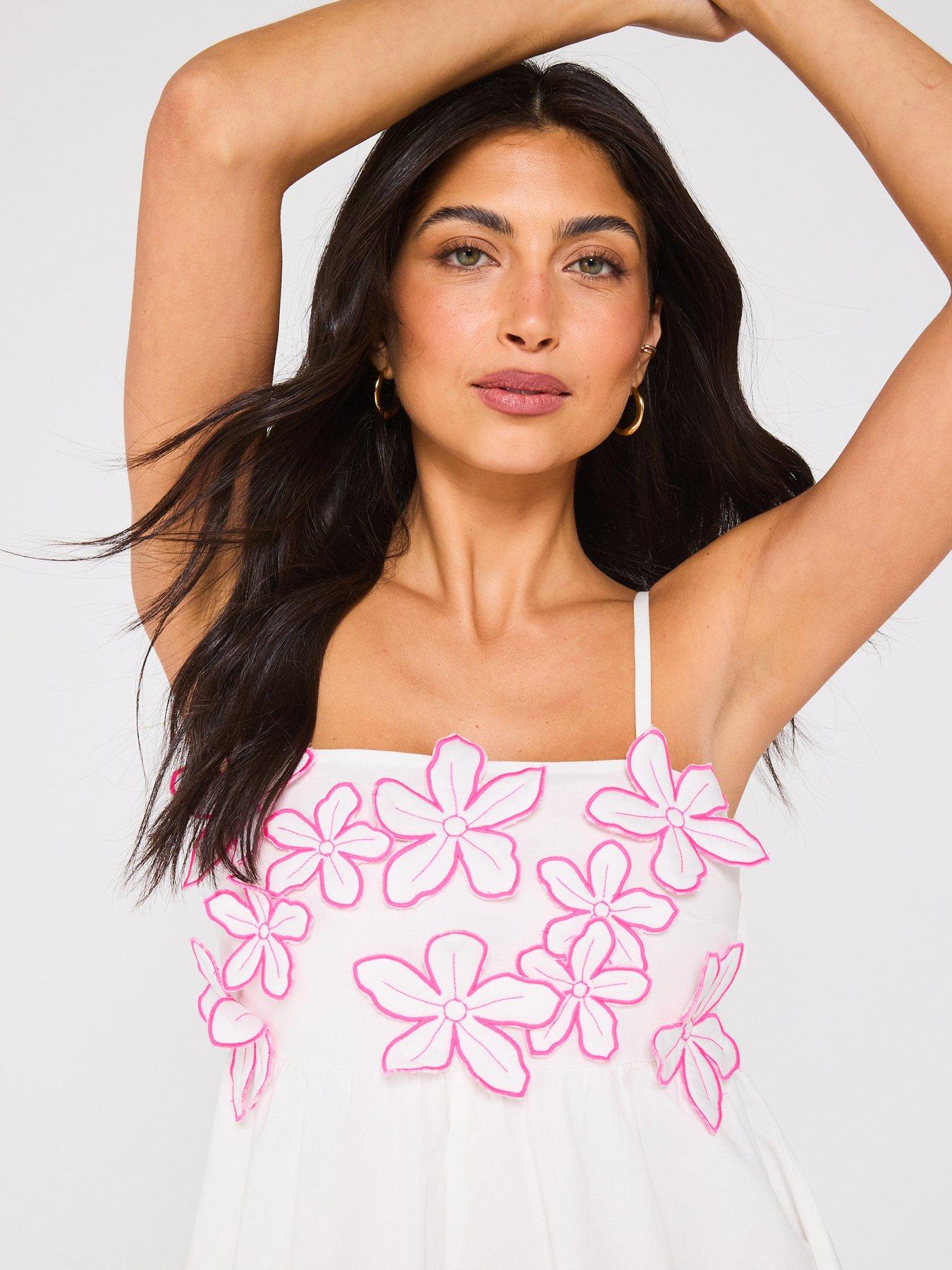 Image 4 of 5 of V by Very Floral Applique Strappy Midi Beach Dress - White