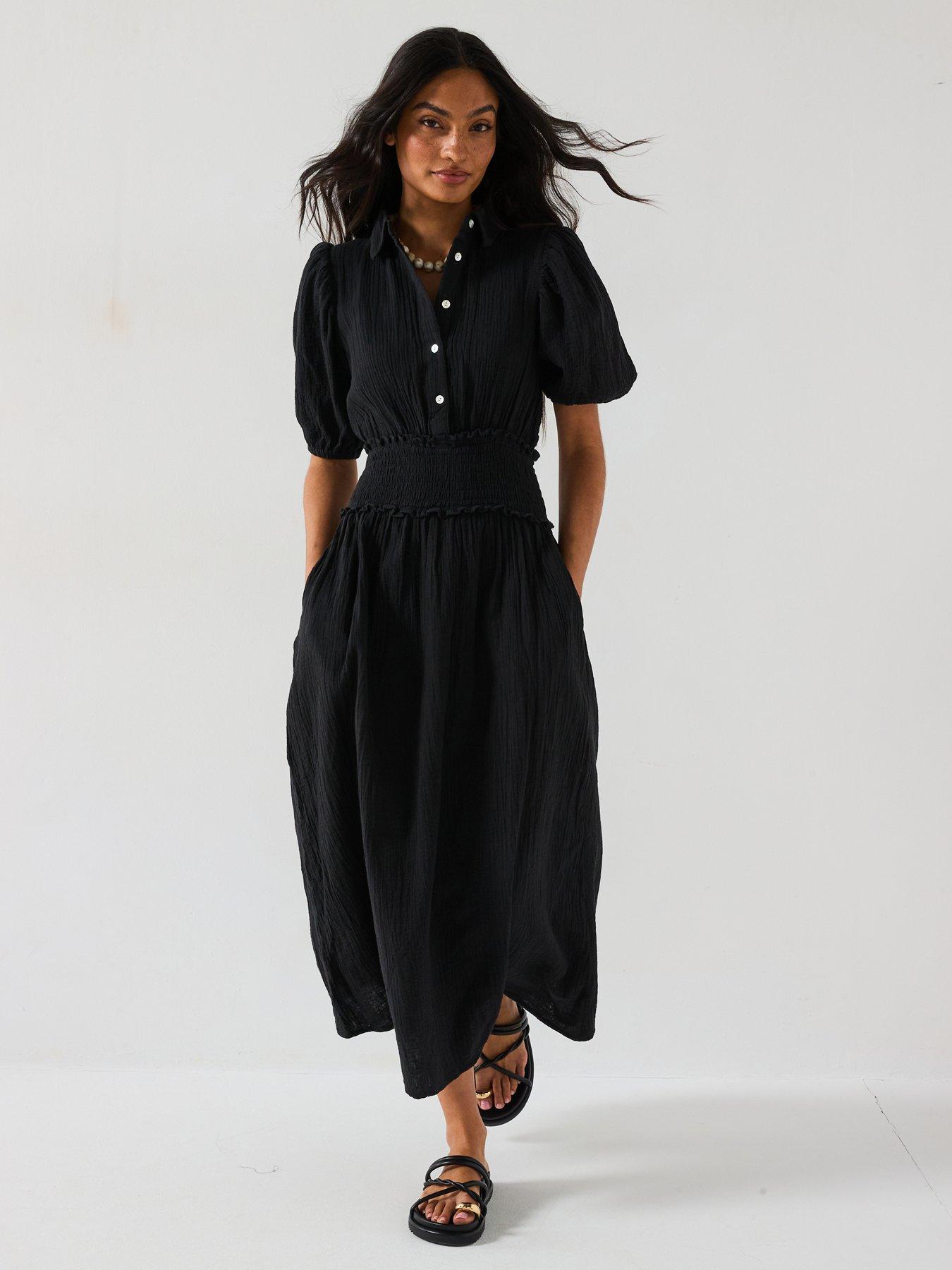 undefined Cheese Cloth Shirred Waist Midi Shirt Dress - Black