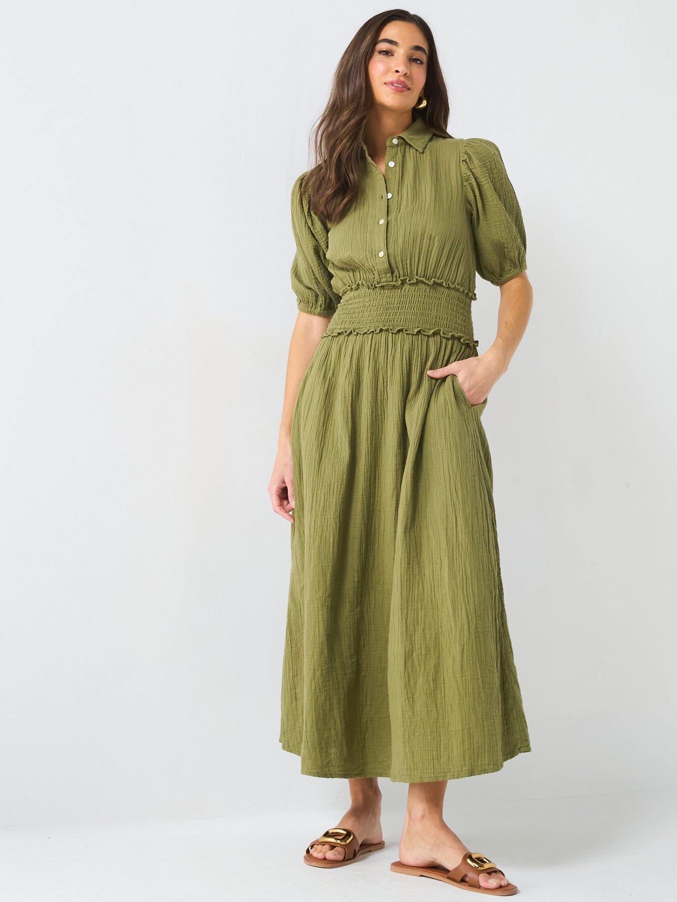 undefined Cheese Cloth Shirred Waist Midi Dress - Green