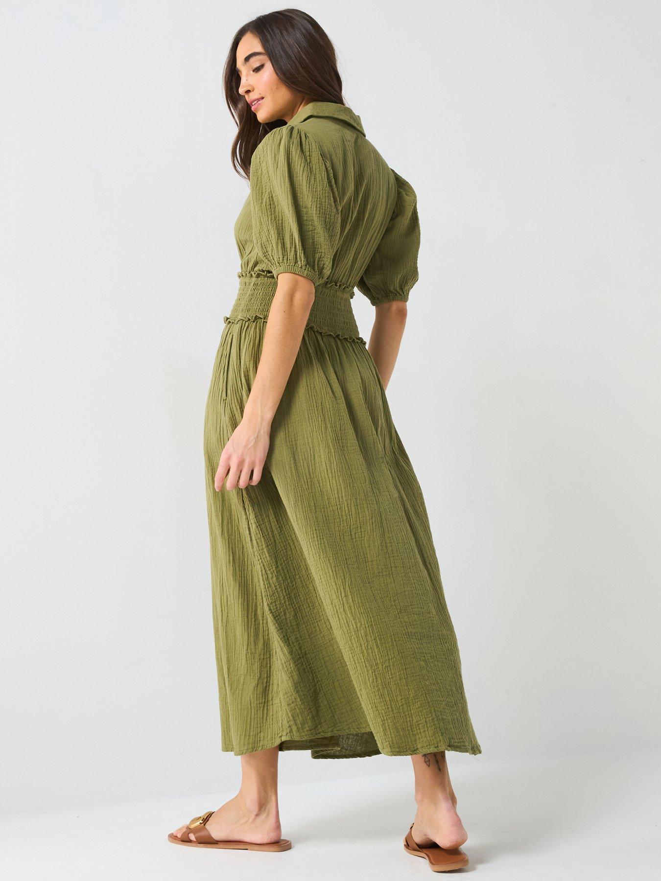 V by Very Cheese Cloth Shirred Waist Midi Dress - Green | Very