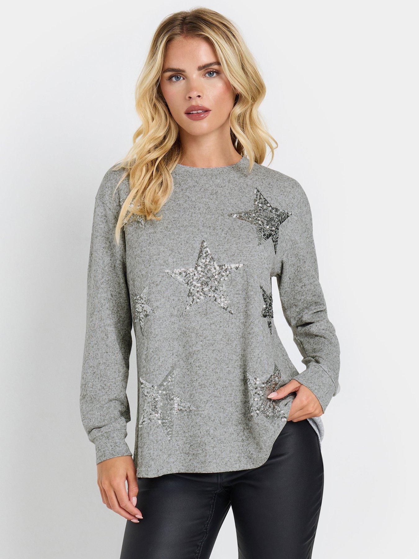 undefined Petite Sequin Star Top - Grey