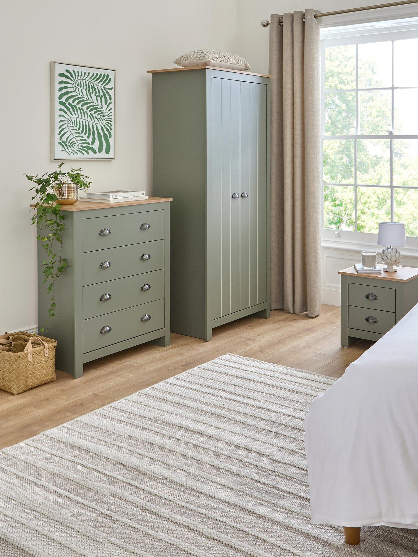 undefined Atlanta 3 Piece Bedroom Furniture Set - 2 Door Wardrobe, 4 Drawer Chest and 2 Drawer Bedside Chest - Green/Oak