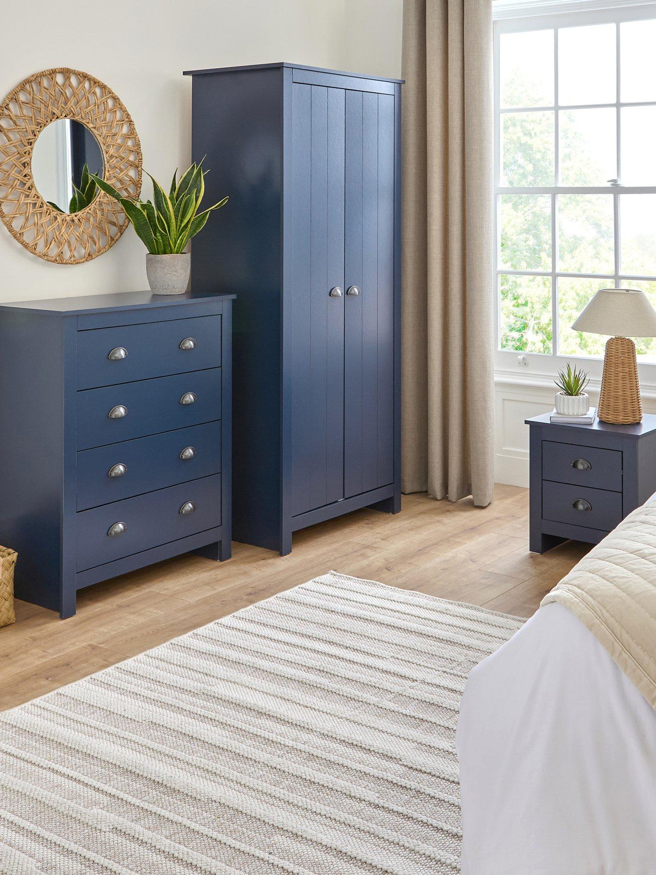 undefined Atlanta 3 Piece Package - 3 Door Wardrobe, 4 Drawer Chest and 2 Drawer Bedside Chest - Navy