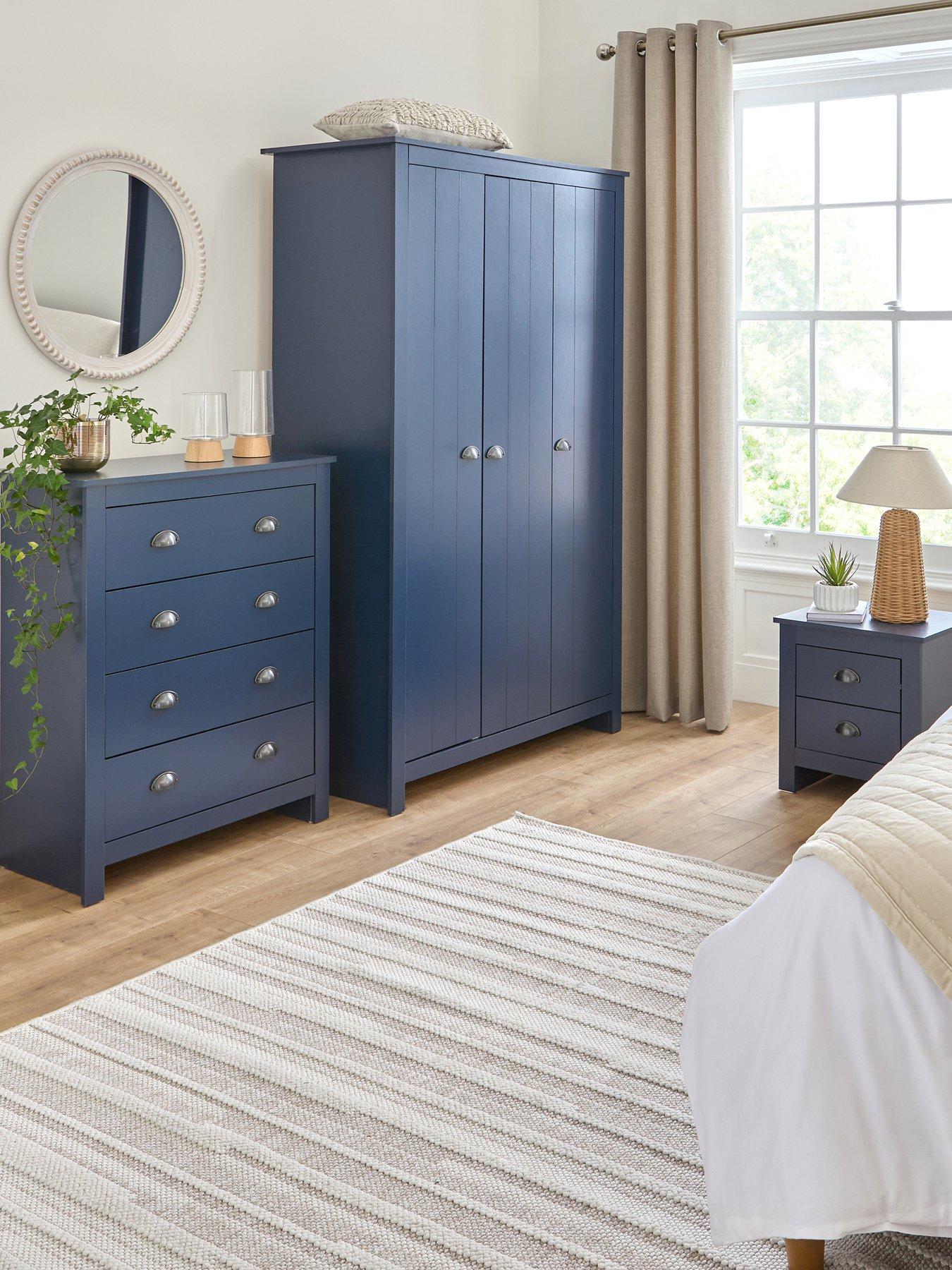 undefined Atlanta 3 Piece Bedroom Furniture Set - 3 Door Wardrobe, 4 Drawer Chest and 2 Drawer Bedside Chest - Navy