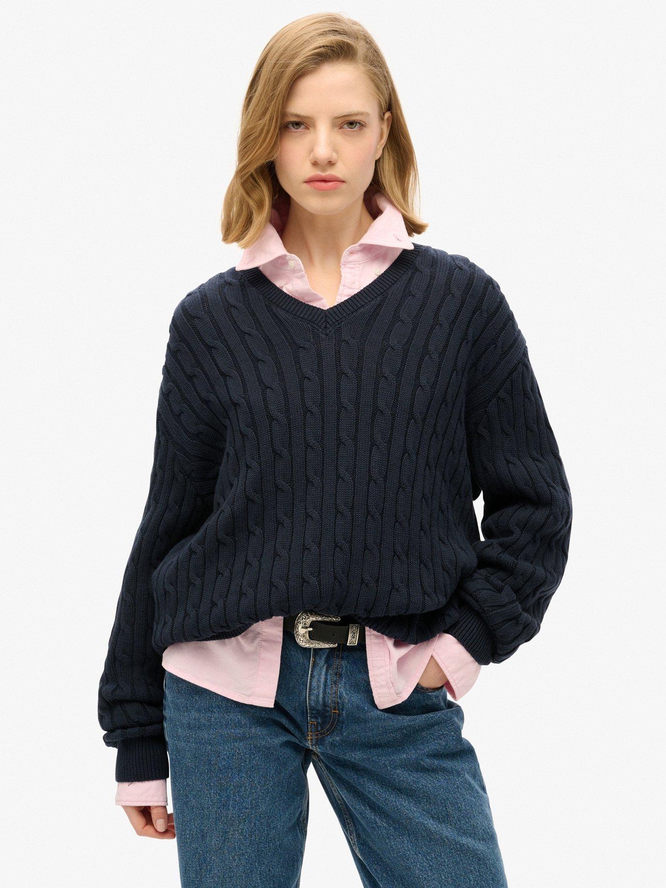 undefined Oversized V Neck Cable Jumper - Navy