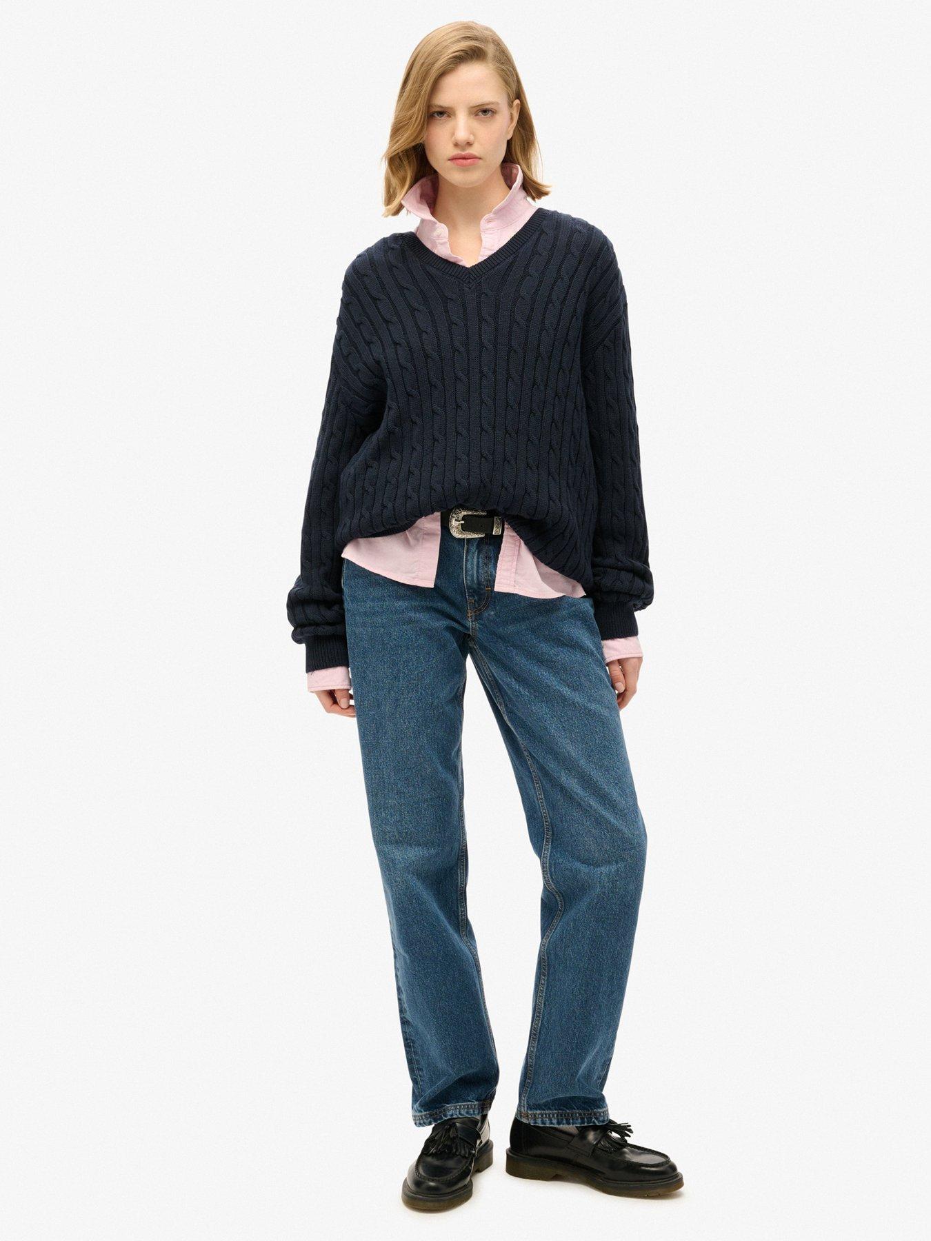 Image 3 of 5 of Superdry Oversized V Neck Cable Jumper - Navy