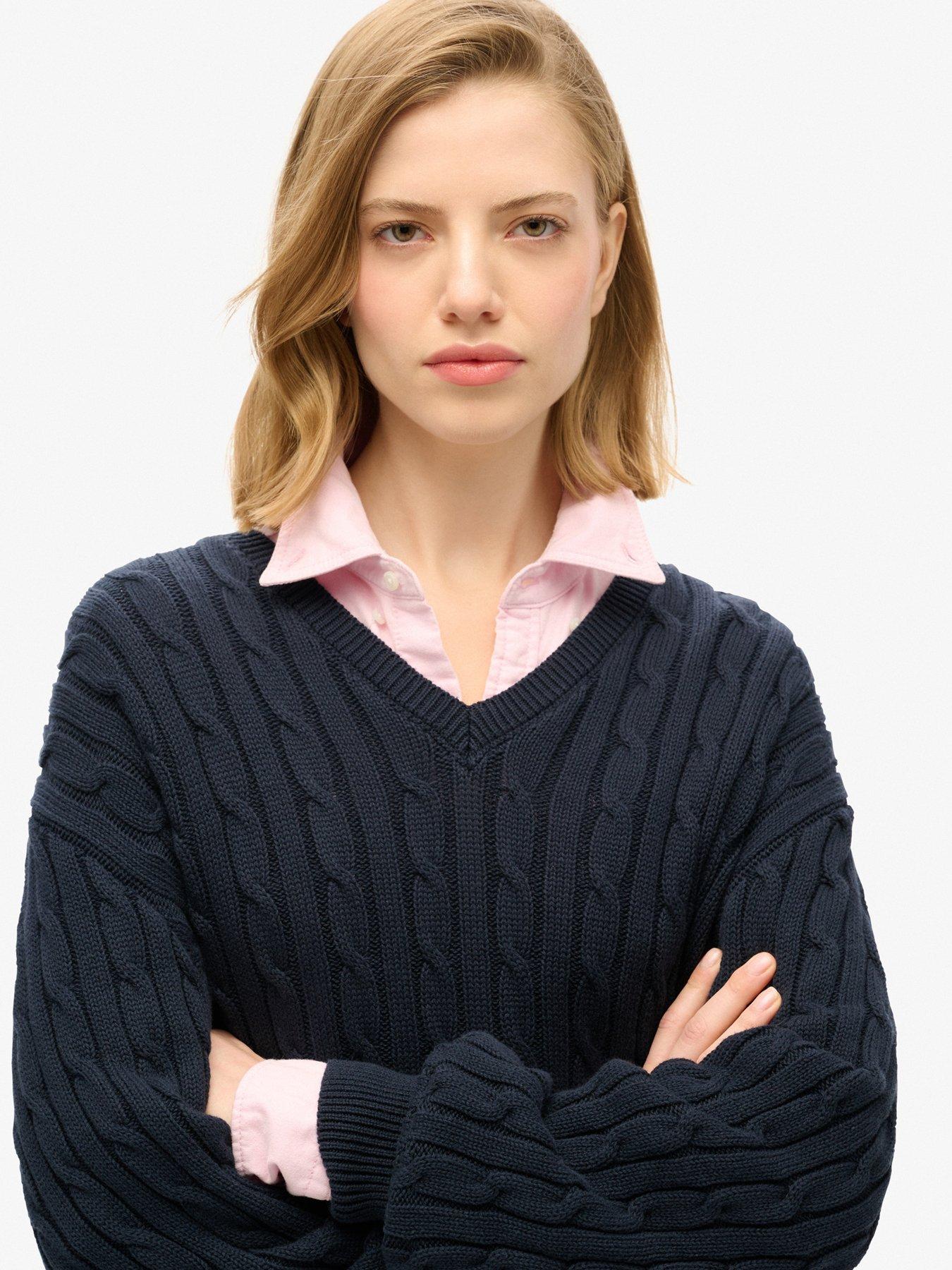 Image 4 of 5 of Superdry Oversized V Neck Cable Jumper - Navy