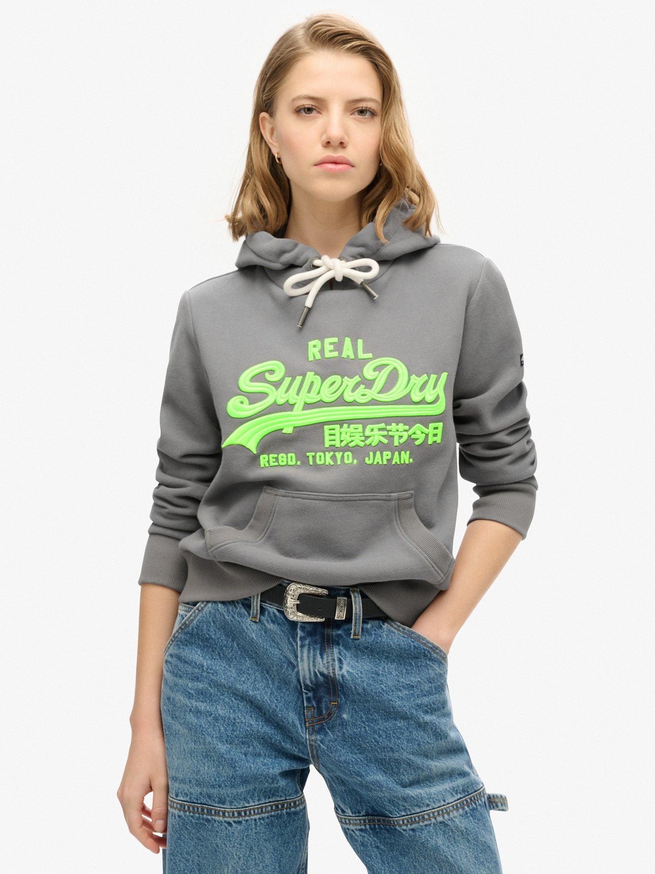 Superdry Neon Vintage Logo Embroidered Graphic Hoodie Grey Very