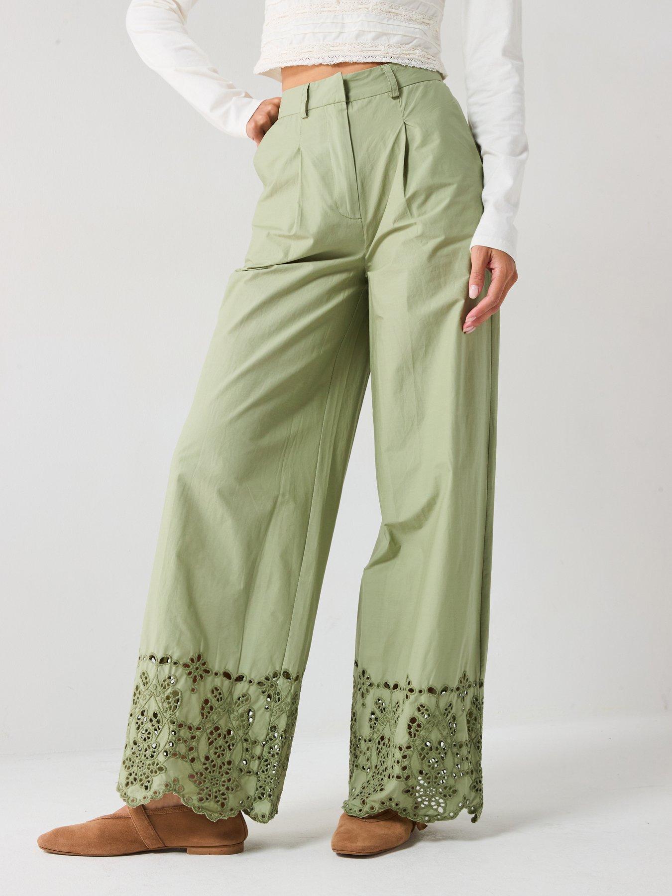 undefined Broderie Wide Leg Trousers - Green