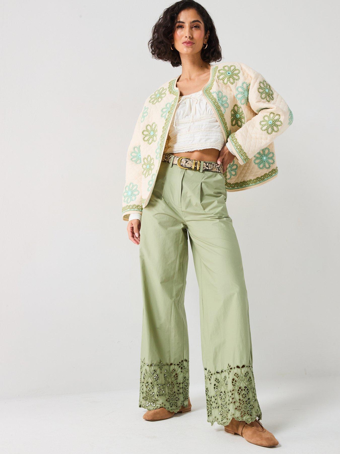 Image 3 of 5 of V by Very Broderie Wide Leg Trousers - Green