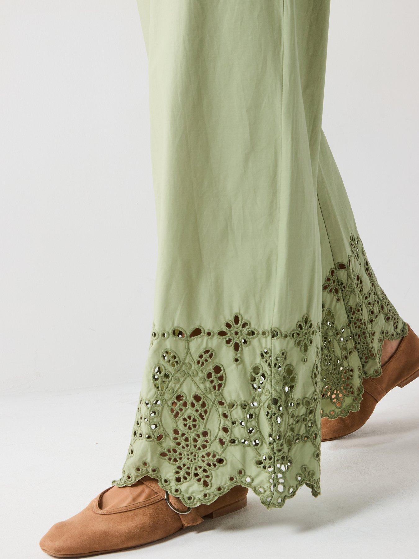Image 4 of 5 of V by Very Broderie Wide Leg Trousers - Green