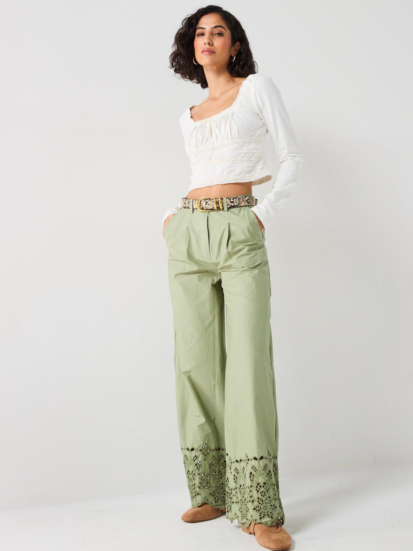 Image 5 of 5 of V by Very Broderie Wide Leg Trousers - Green