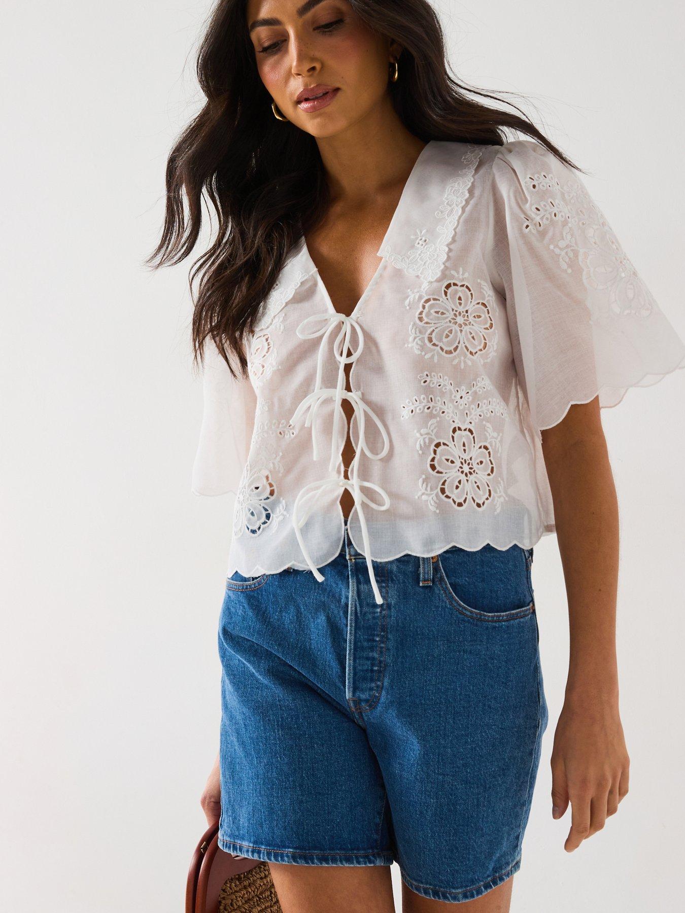 undefined Sheer Tie Front Blouse - Cream