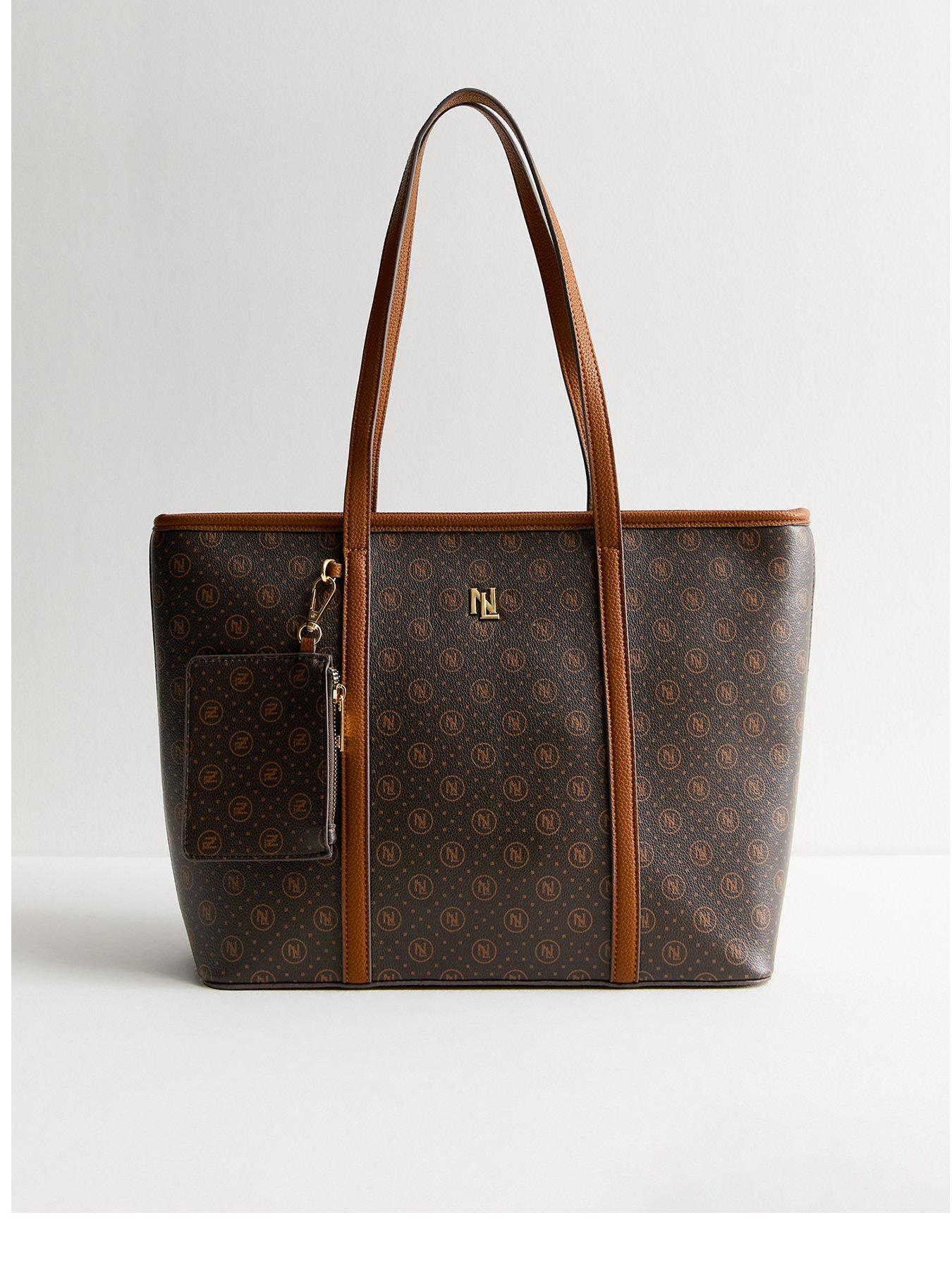 Brown Monogram Faux Leather Tote Bag