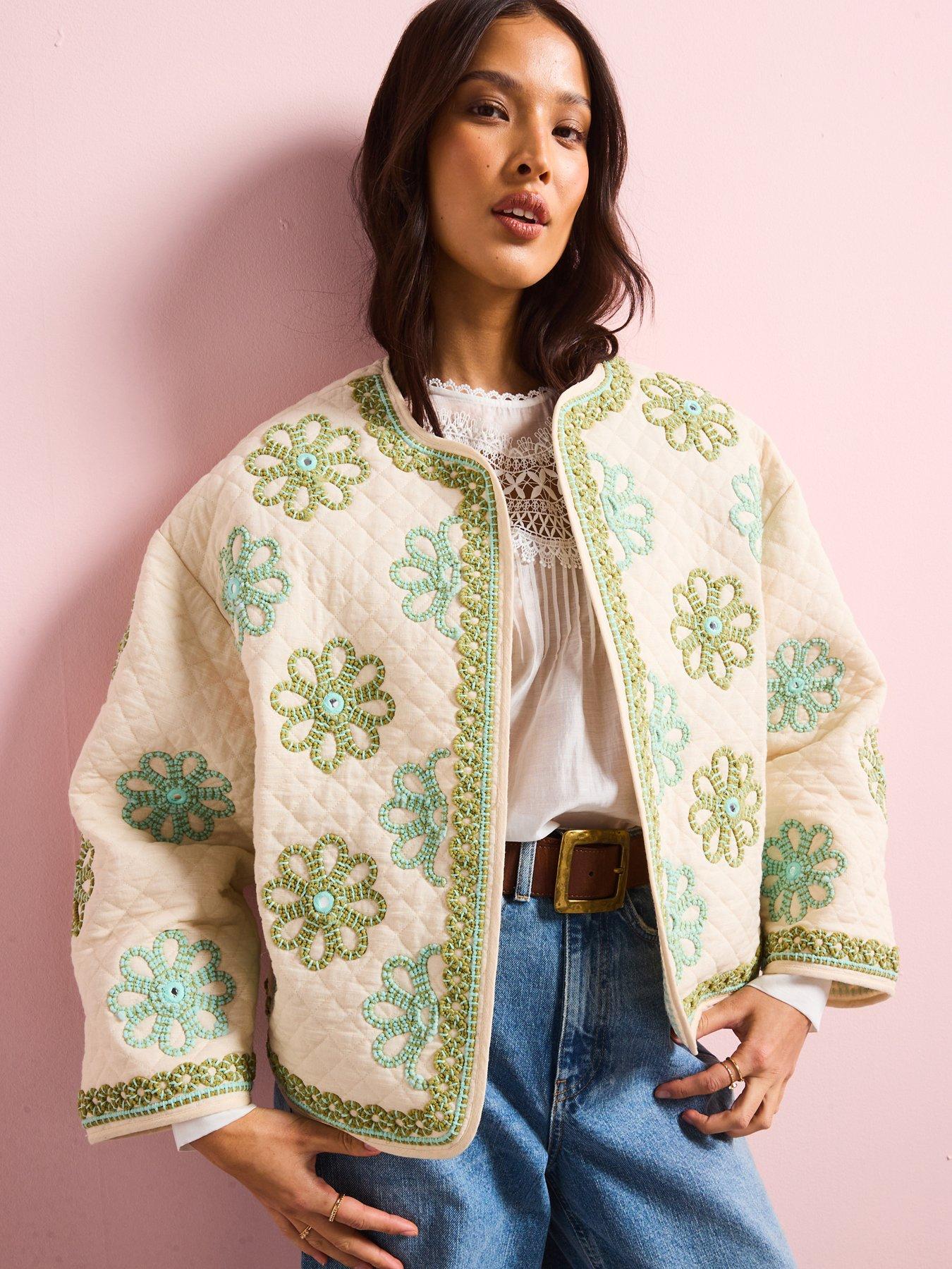 undefined Padded Oversized Embroidered Floral Jacket - Cream