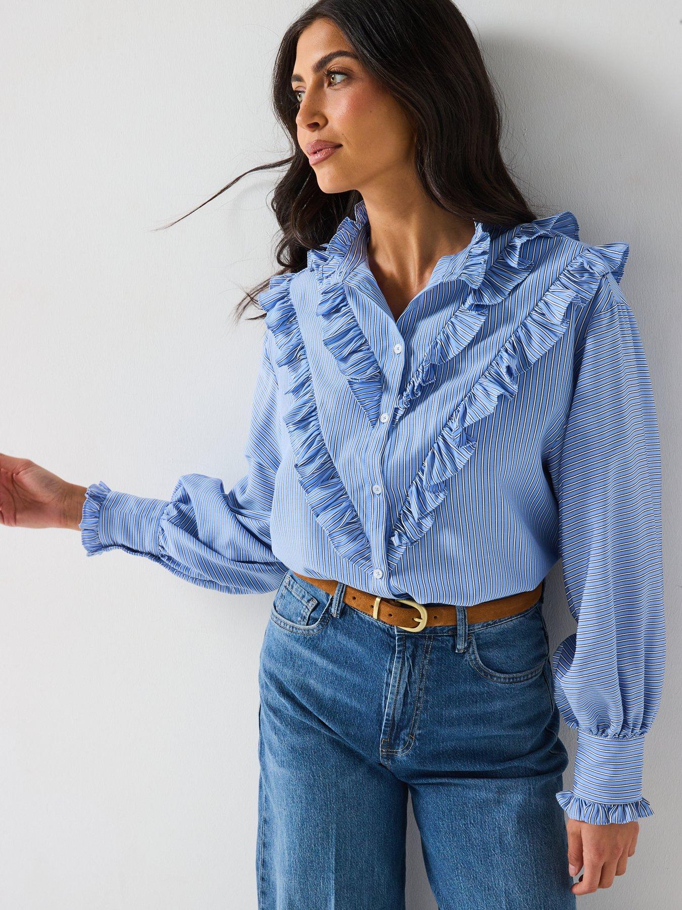 V by Very Stripe Ruffle Shirt - Blue | Very