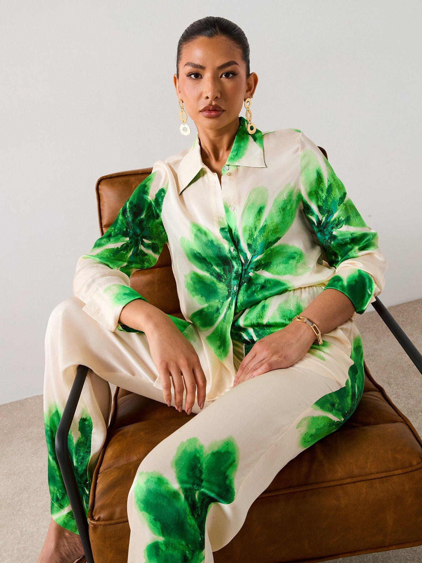 undefined Green Flower Satin Shirt Co-Ord - Cream