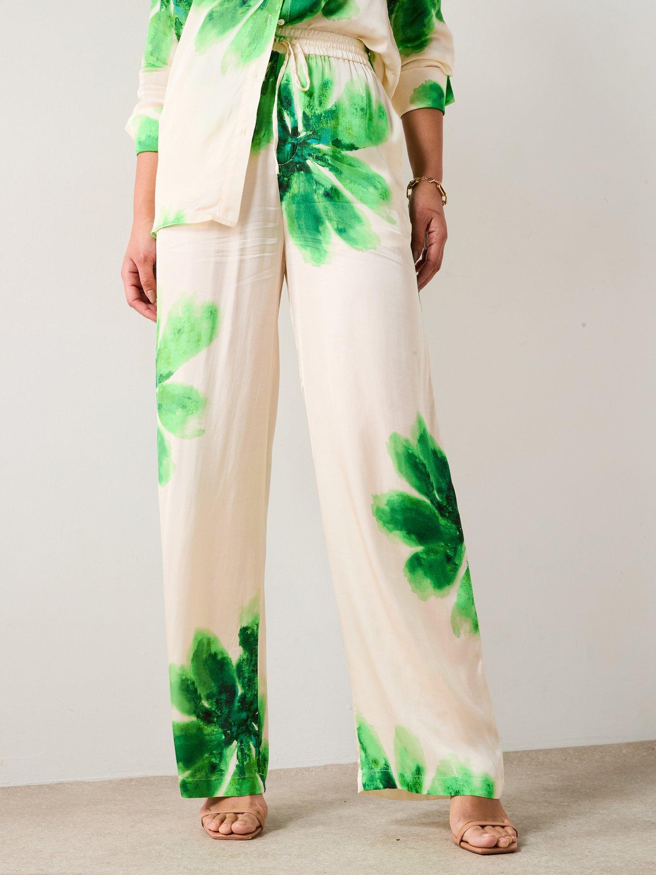 undefined Green Flower Satin Trouser Co-Ord - Cream
