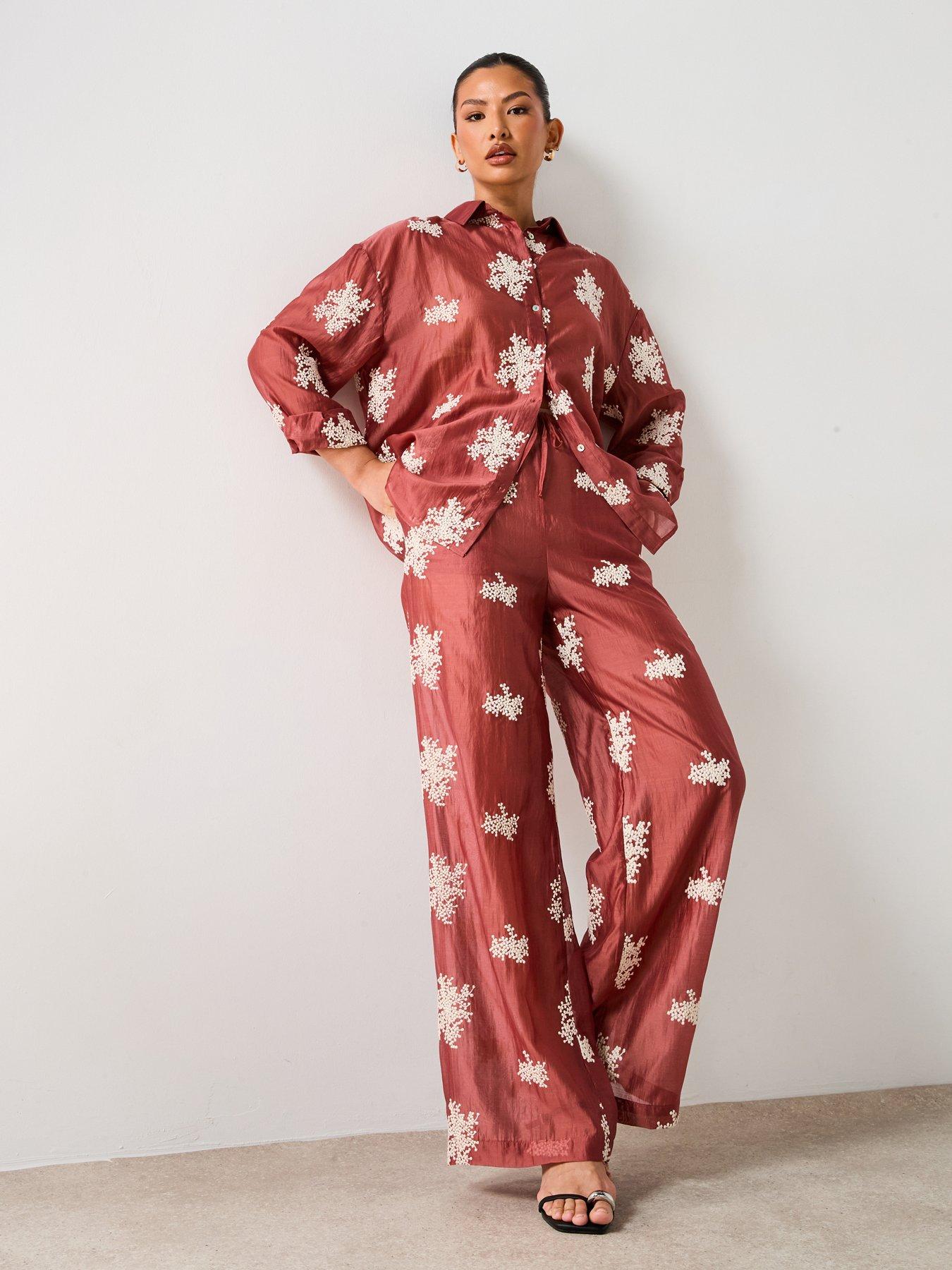 V by Very: Floral Embroidered Co-ord Shirt - Brown/Red