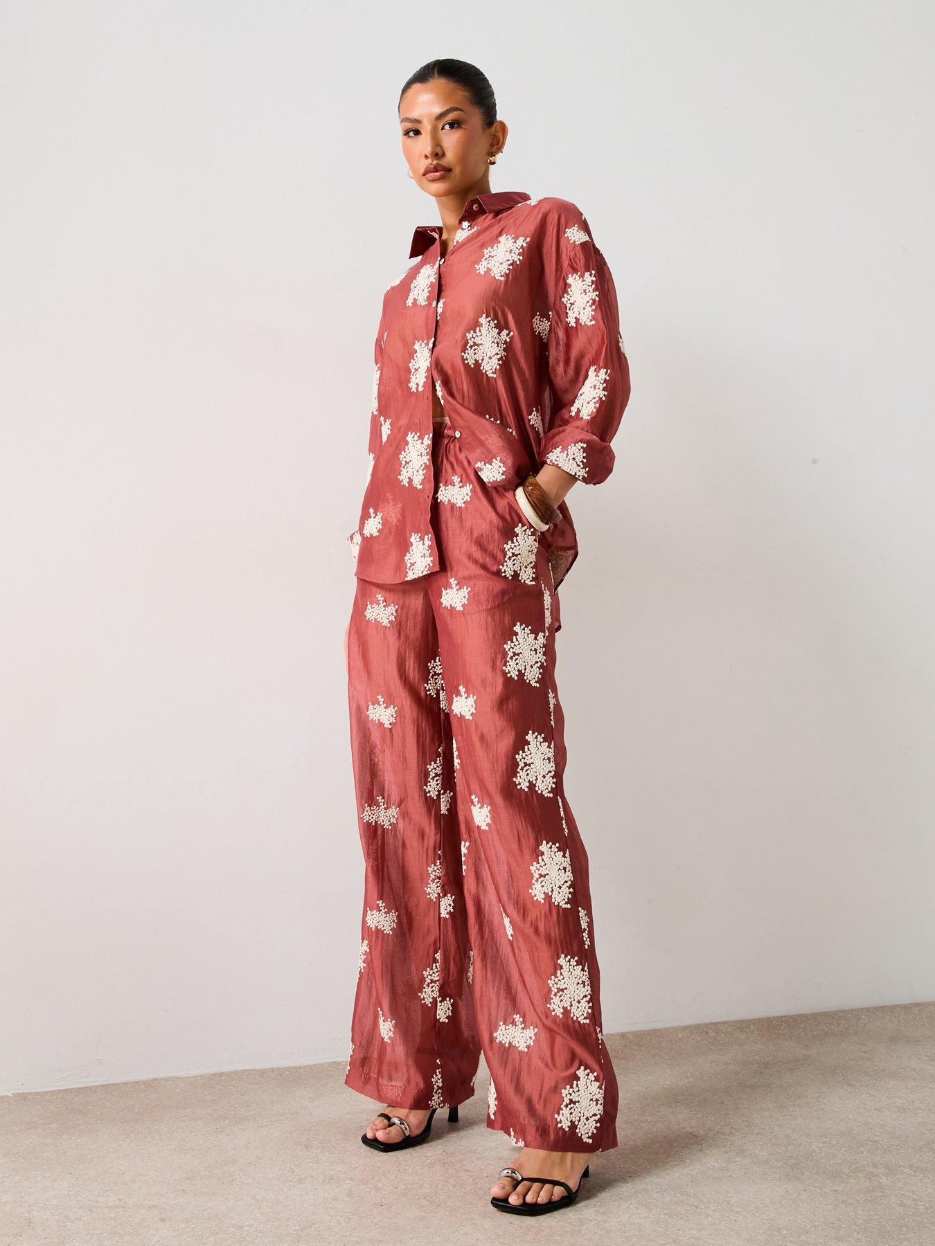 undefined Floral Embroidered Wide Leg Co-ord Trousers - Brown/Red