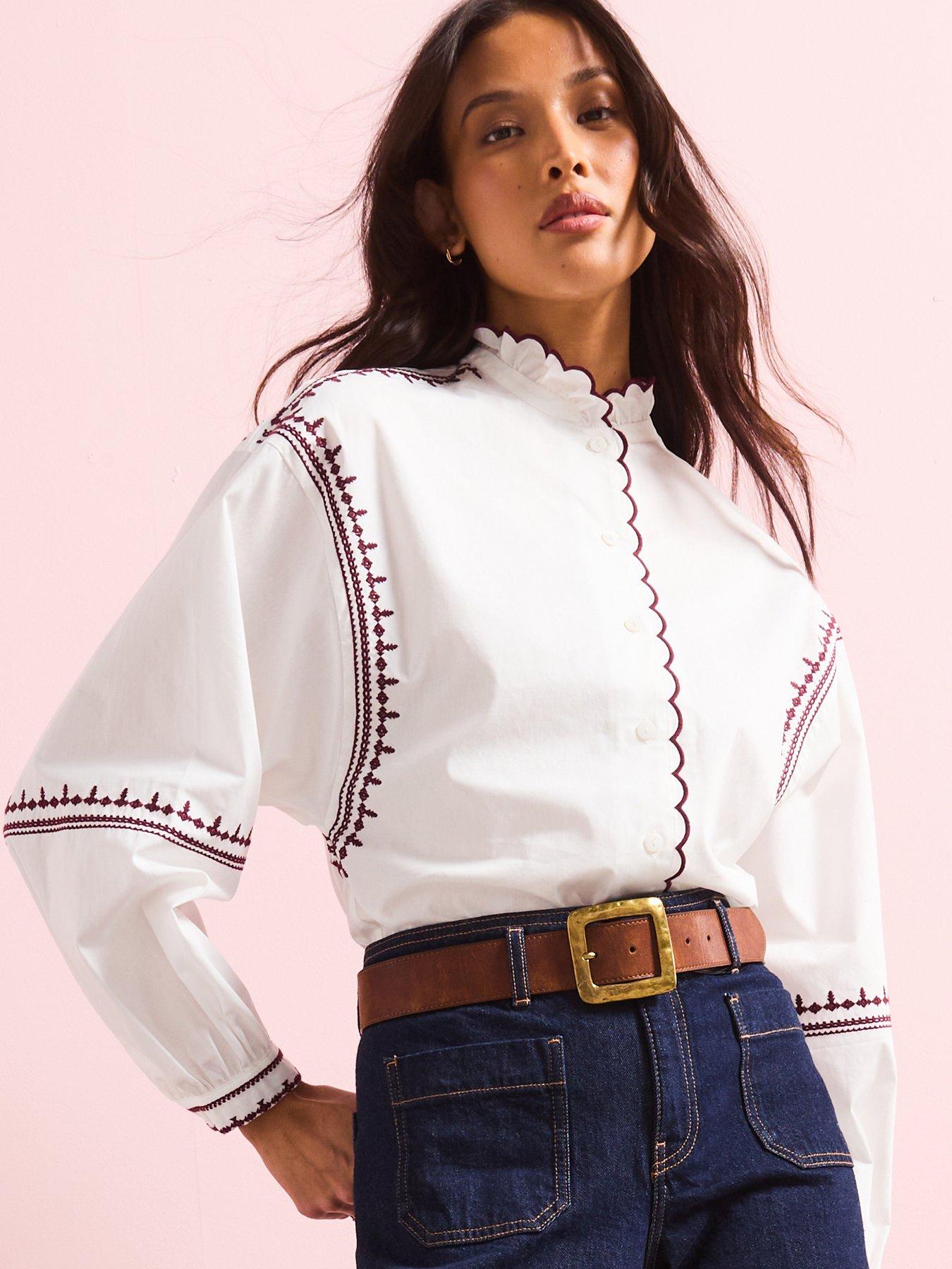undefined Scallop Trim Button Through Blouse - White
