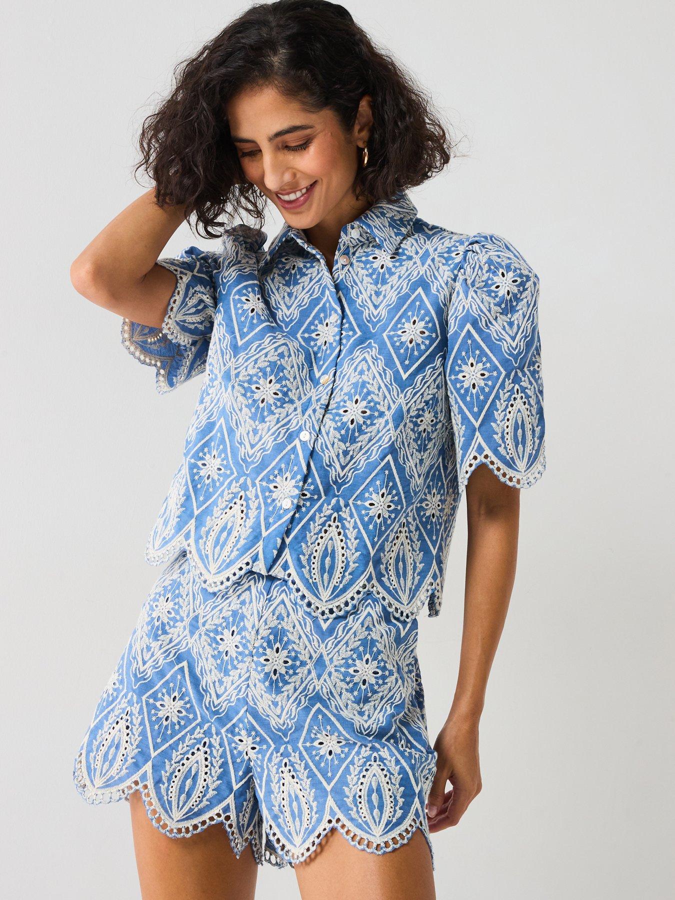 undefined Co-Ord Embroidered Short Sleeve Blouse - Blue