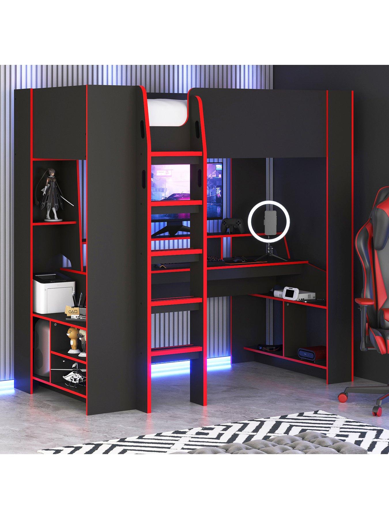 Image 1 of 4 of Very Home Fenner High Sleeper Gaming Bed with Desk, Shelves and Mattress Options (Buy &amp; SAVE!)