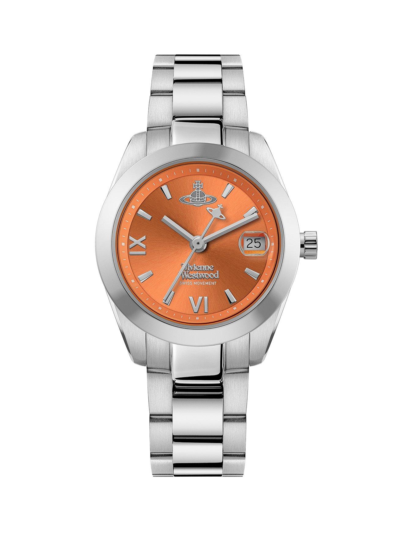 Product photograph of Vivienne Westwood Fenchurch Ladies Quartz Watch With Orange Dial Amp Stainless Steel Bracelet from very.co.uk