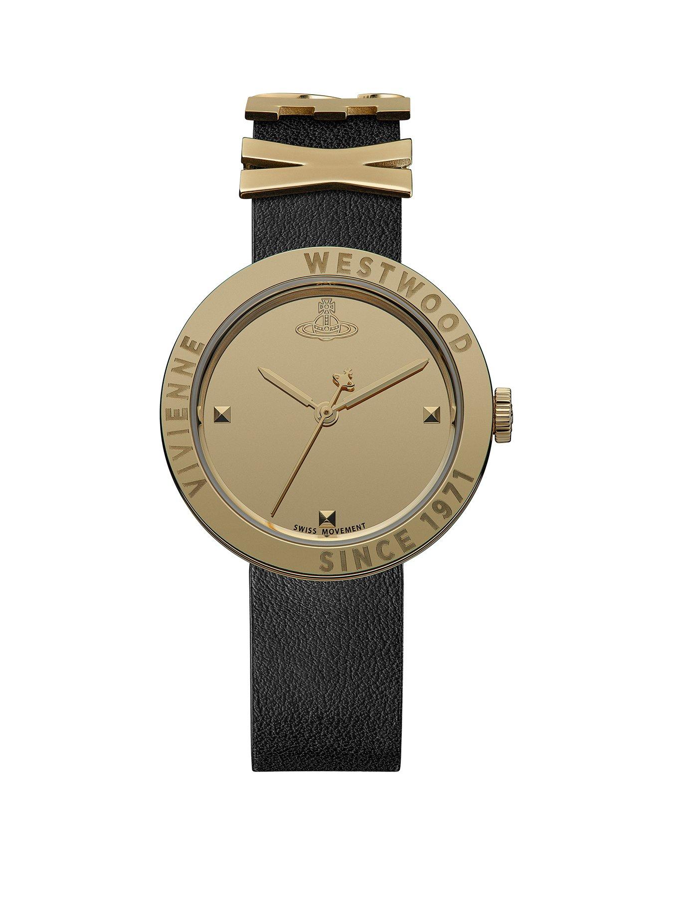 Product photograph of Vivienne Westwood Rebel Quartz Watch With Gold Mirror Dial And Black Leather Strap from very.co.uk